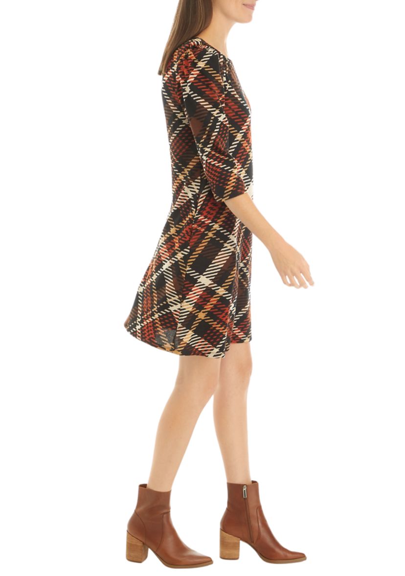 Womens 3/4 Puff Sleeve Plaid A-Line Dress