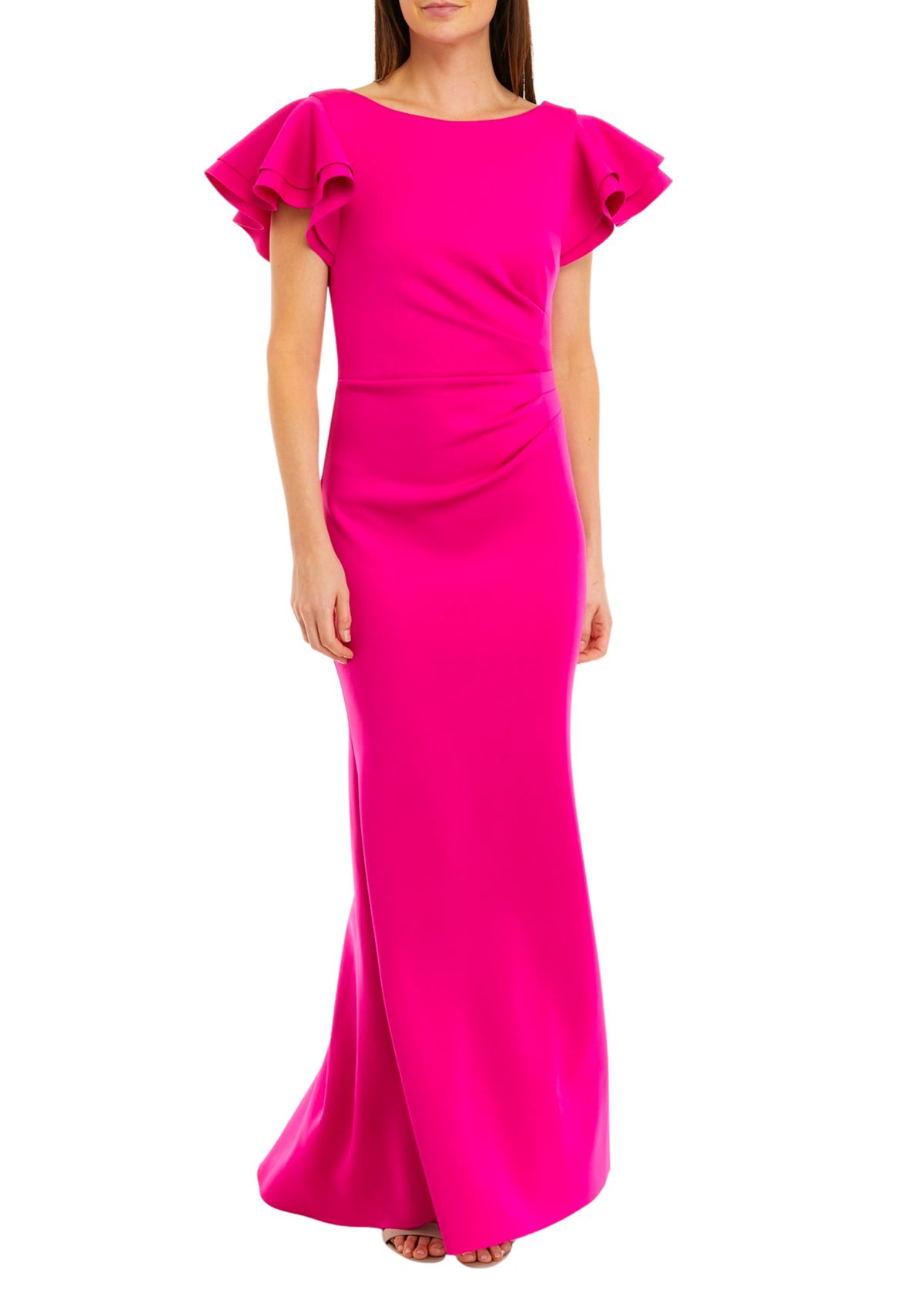 Womens Short Ruffle Sleeve Solid Scuba Gown