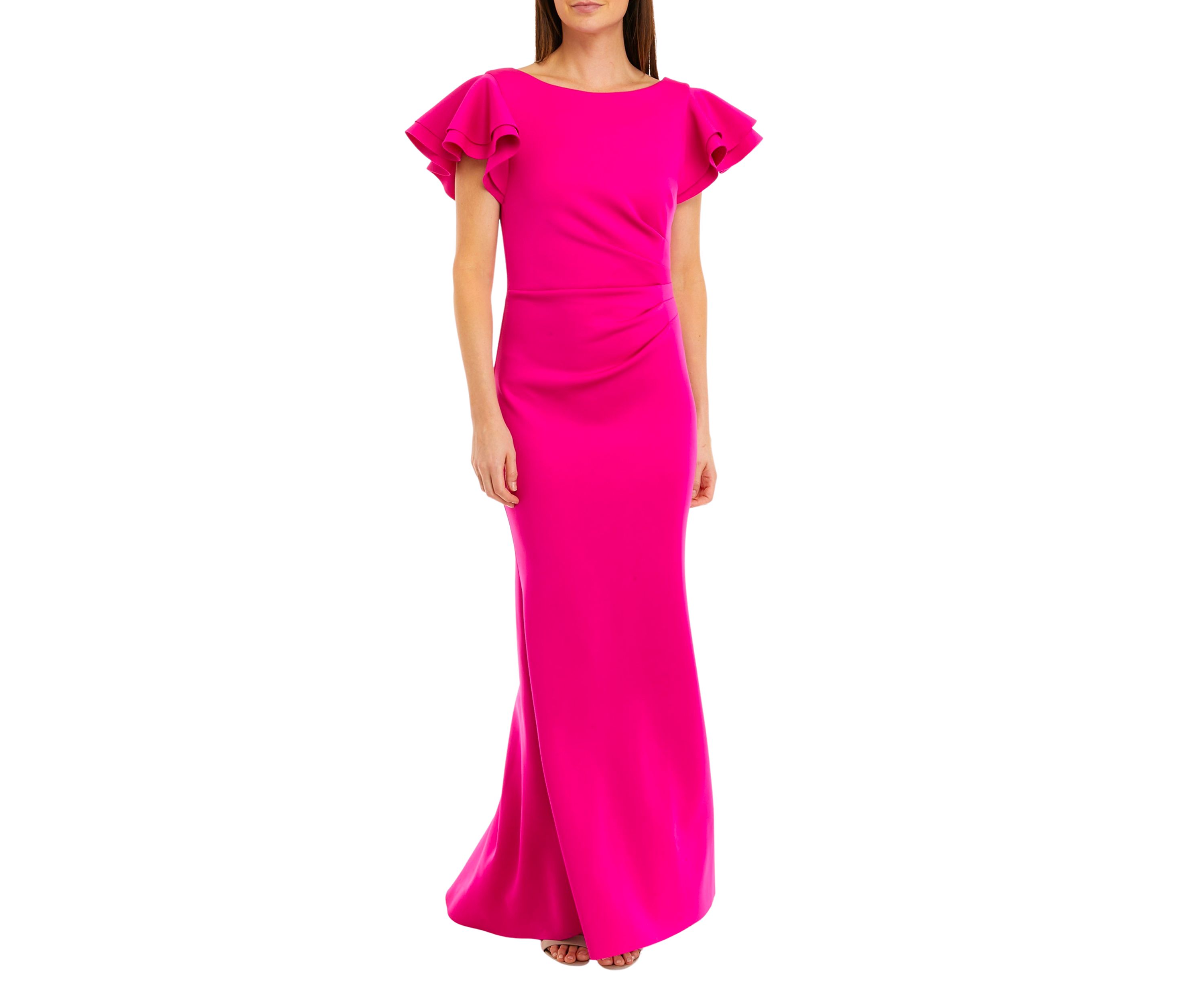Womens Short Ruffle Sleeve Solid Scuba Gown