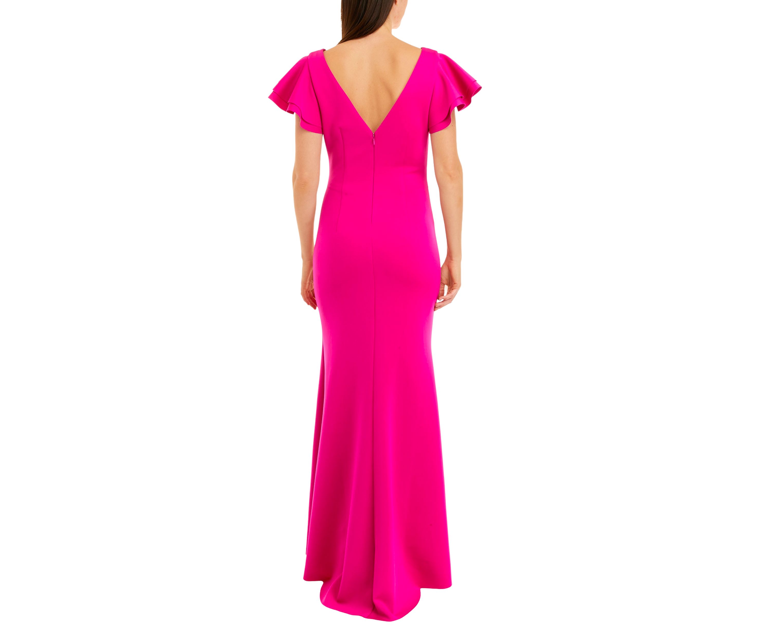 Womens Short Ruffle Sleeve Solid Scuba Gown