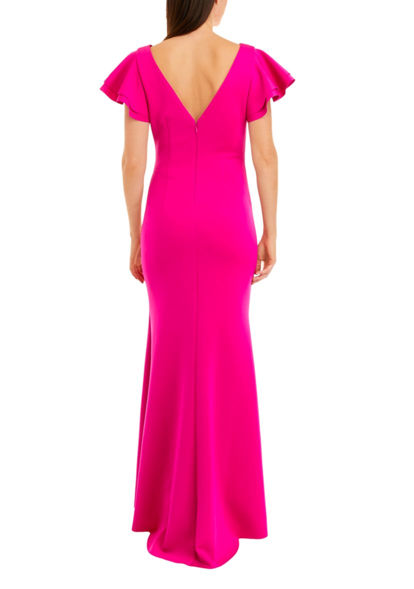 Womens Short Ruffle Sleeve Solid Scuba Gown