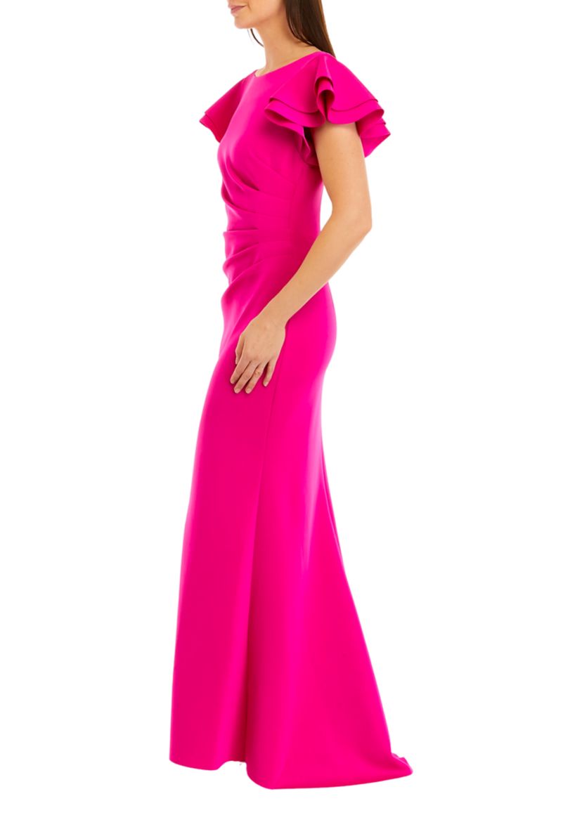 Womens Short Ruffle Sleeve Solid Scuba Gown