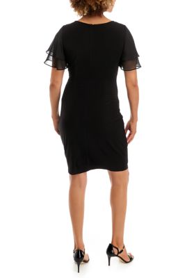 Women's Short Ruffle Sleeve Solid Ruched Sheath Dress