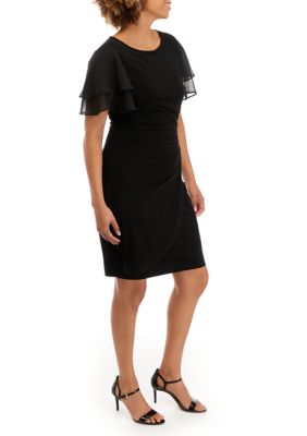 Women's Short Ruffle Sleeve Solid Ruched Sheath Dress