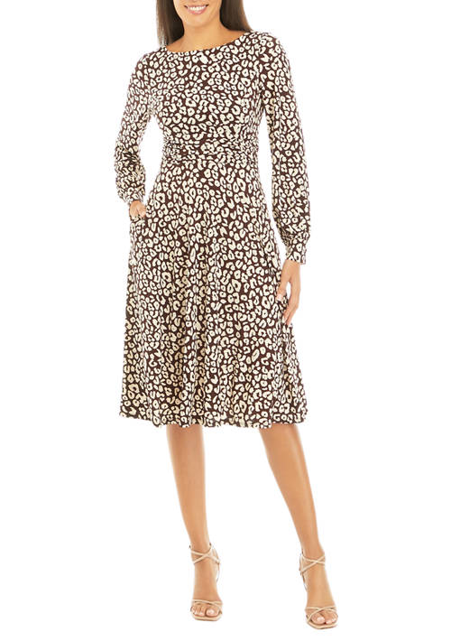 Womens Long Sleeve Animal Print Midi Dress