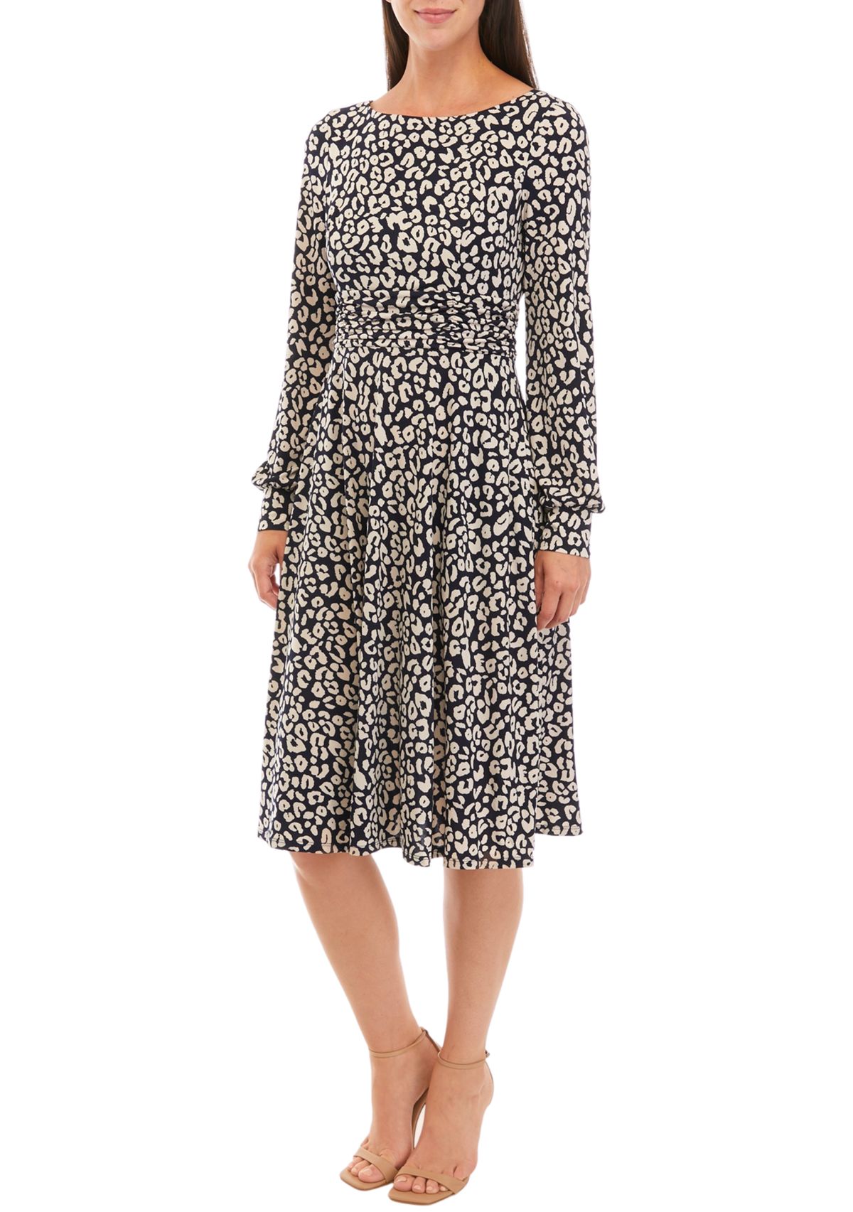 Womens Long Sleeve Animal Print Midi Dress