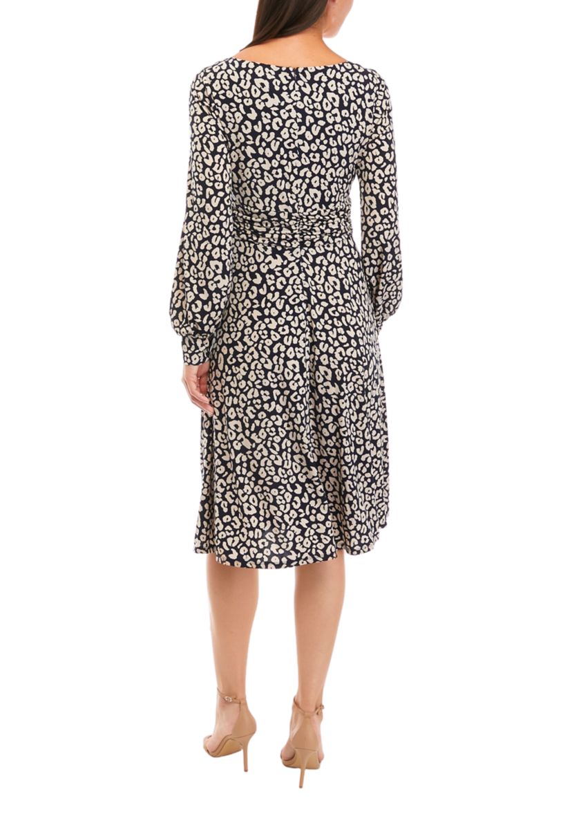 Womens Long Sleeve Animal Print Midi Dress