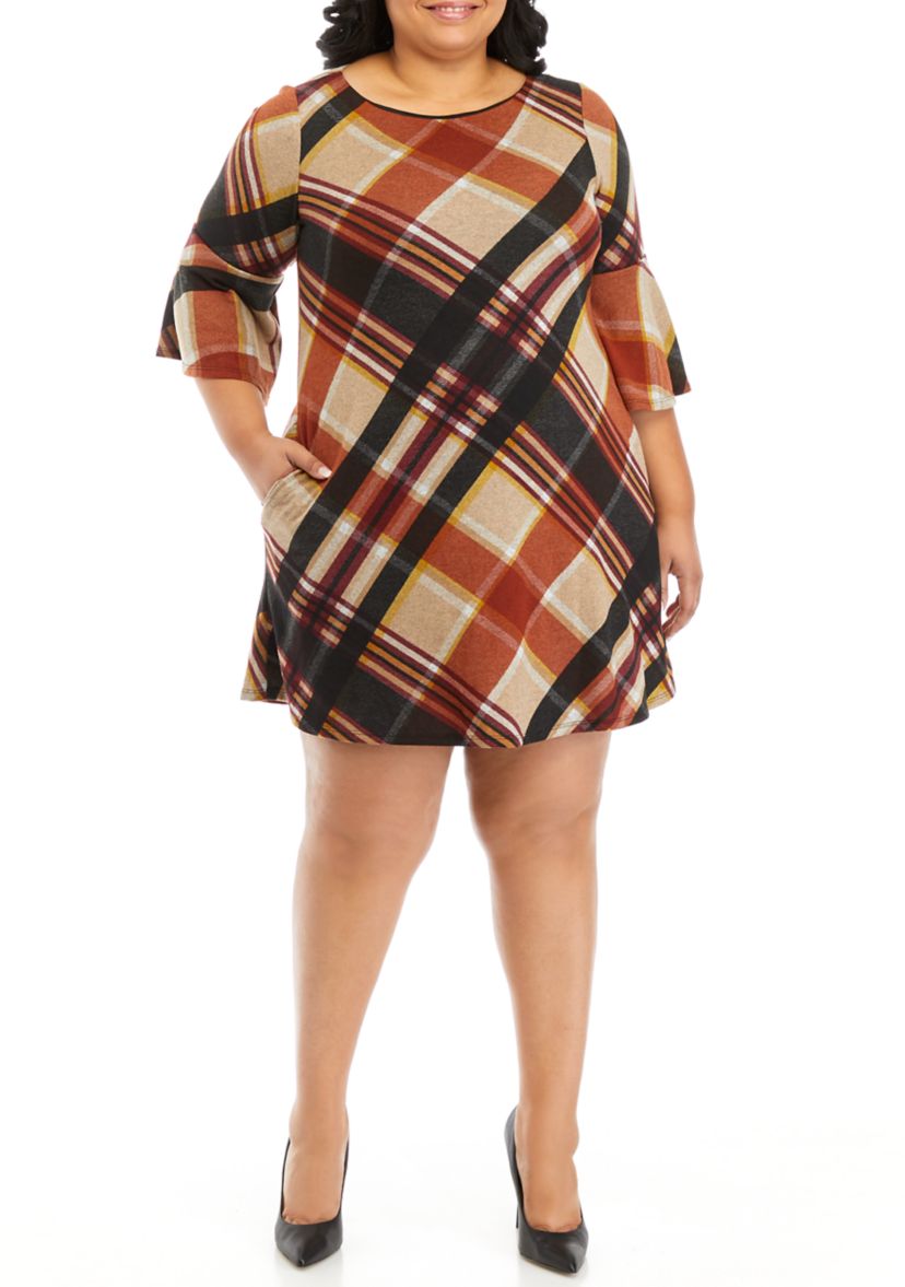 Plus Size Bell Sleeve Plaid A-Line Dress