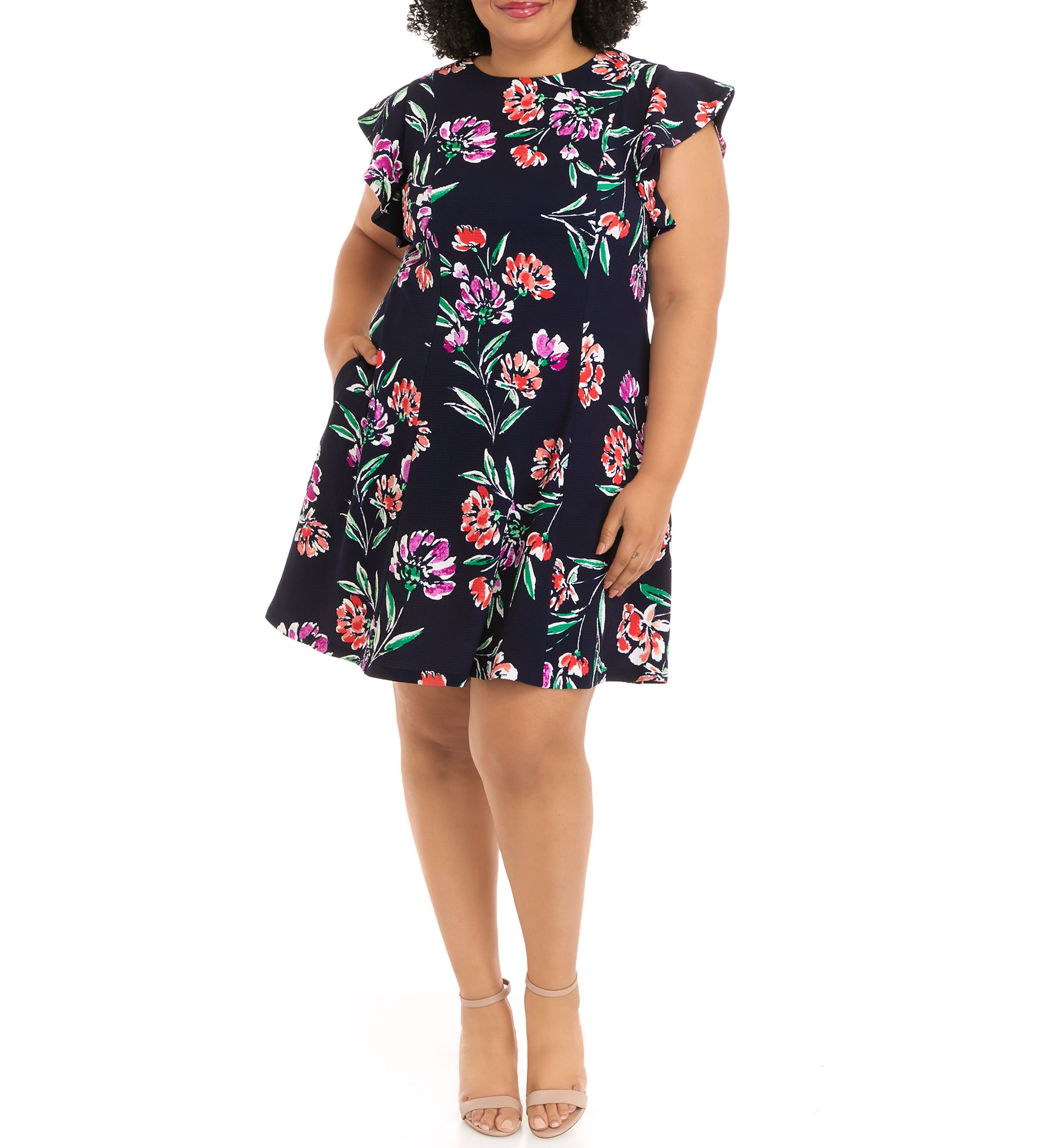 Plus Size Short Sleeve Floral Print Scuba Fit and Flare Dress
