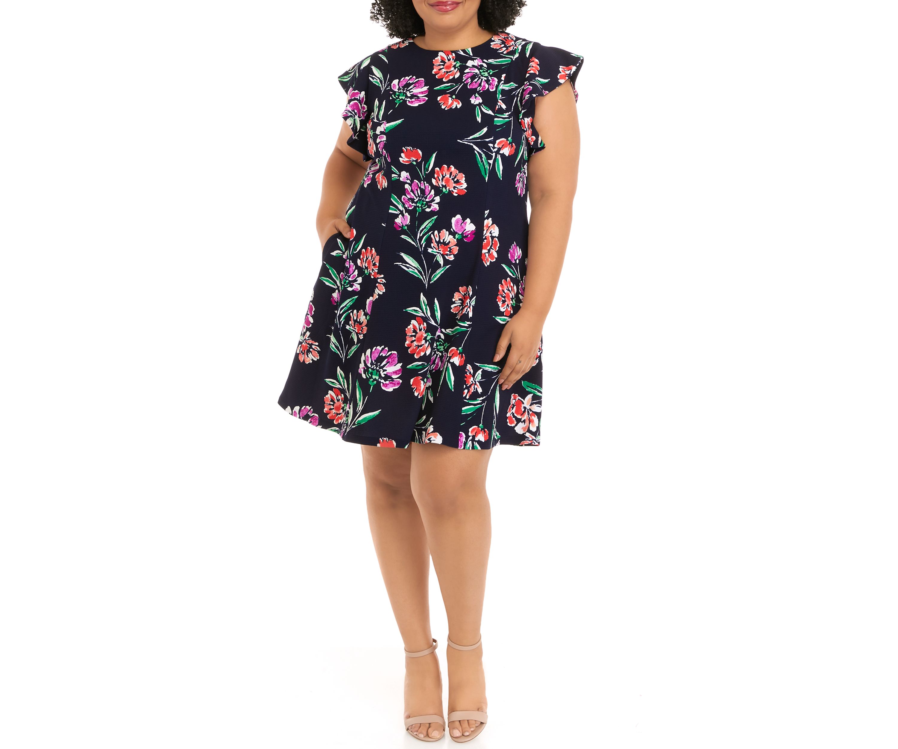 Plus Size Short Sleeve Floral Print Scuba Fit and Flare Dress