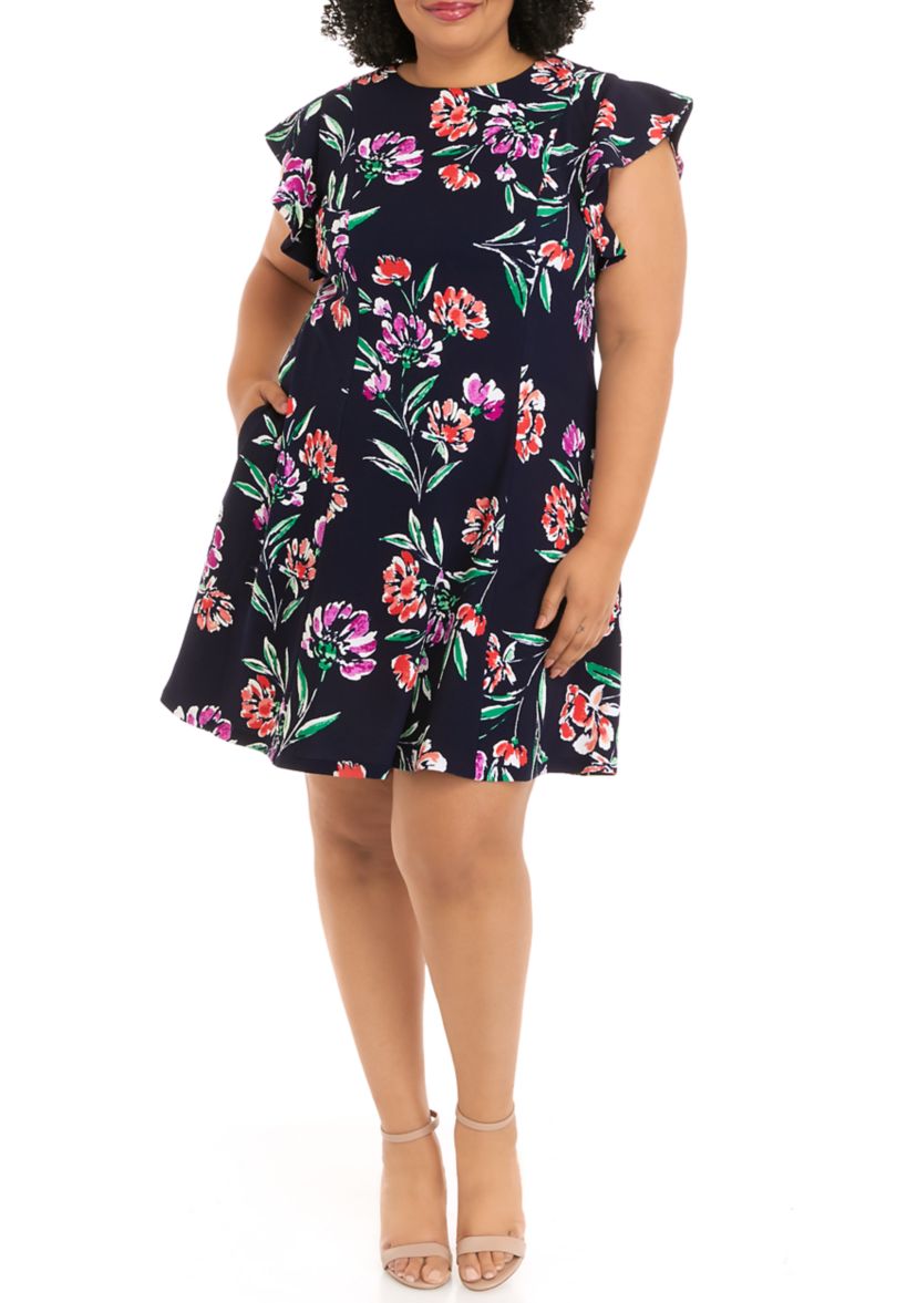 Plus Size Short Sleeve Floral Print Scuba Fit and Flare Dress