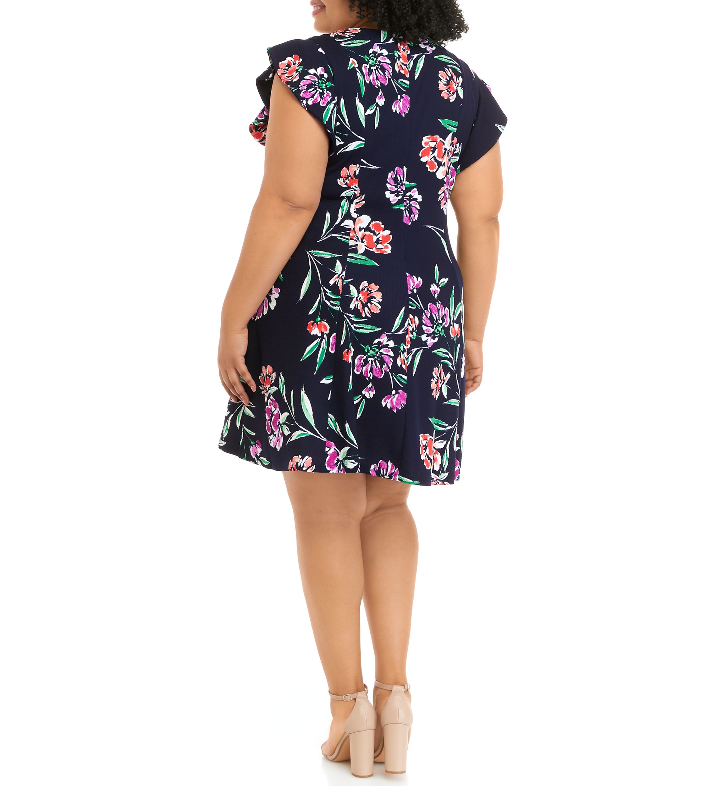 Plus Size Short Sleeve Floral Print Scuba Fit and Flare Dress