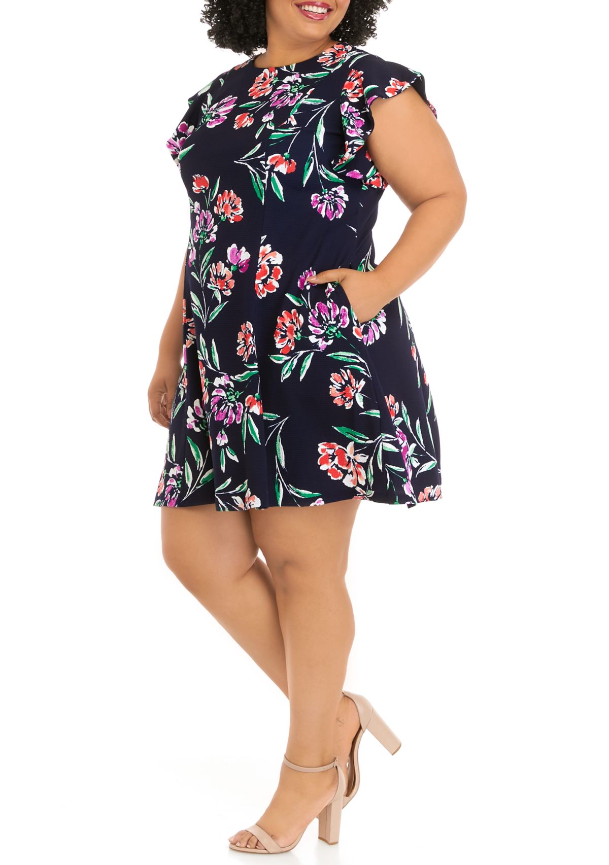 Plus Size Short Sleeve Floral Print Scuba Fit and Flare Dress