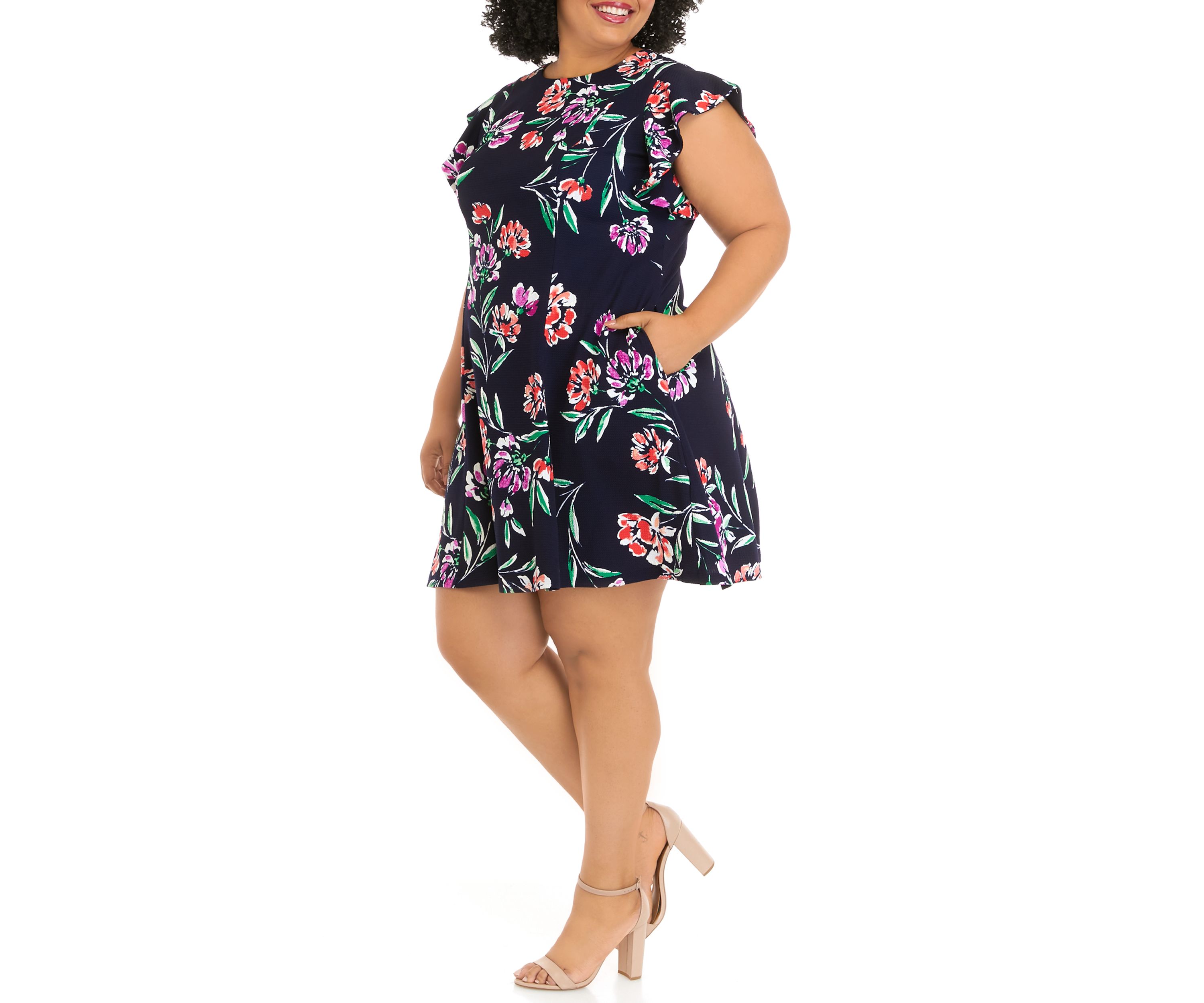 Plus Size Short Sleeve Floral Print Scuba Fit and Flare Dress