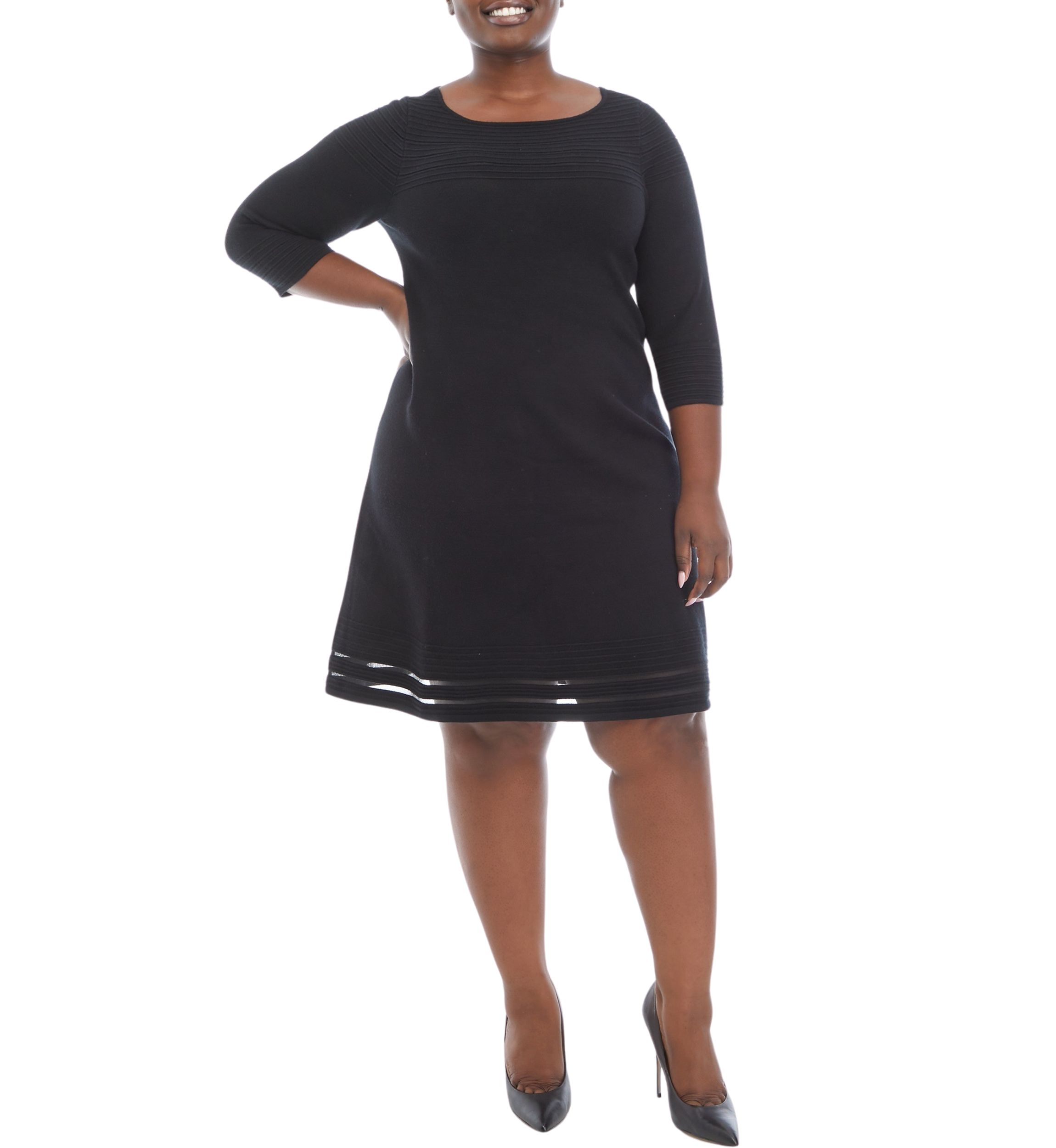 Plus Size 3/4 Sleeve Solid Cable Fit and Flare Sweater Dress