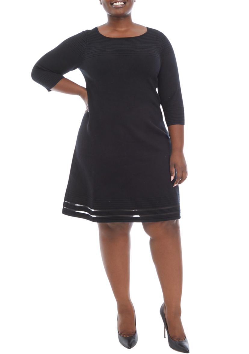 Plus Size 3/4 Sleeve Solid Cable Fit and Flare Sweater Dress
