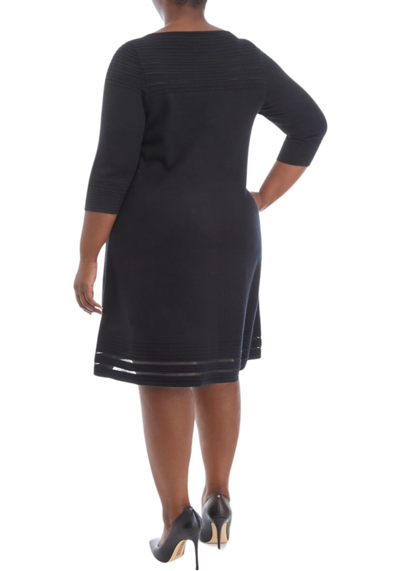 Plus Size 3/4 Sleeve Solid Cable Fit and Flare Sweater Dress