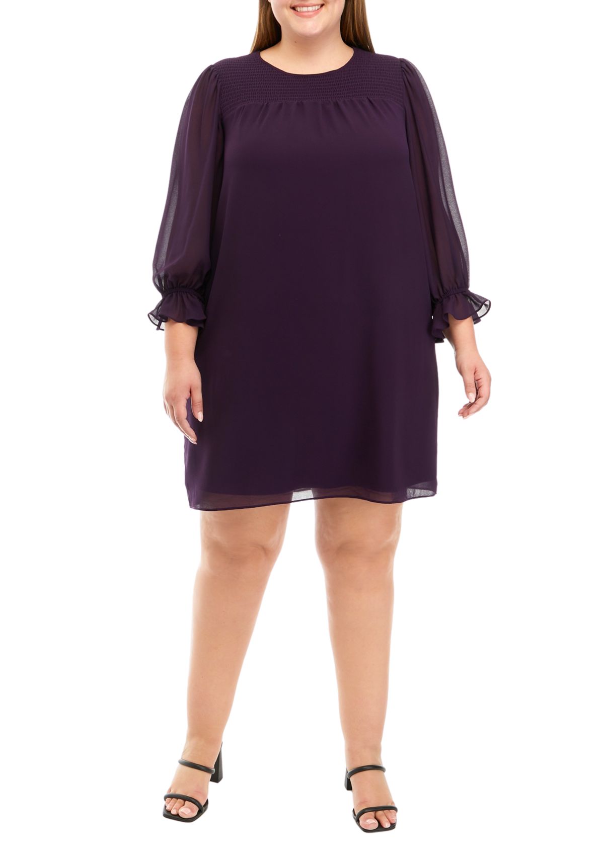 Plus Size Long Sleeve Solid Chiffon Shift Dress