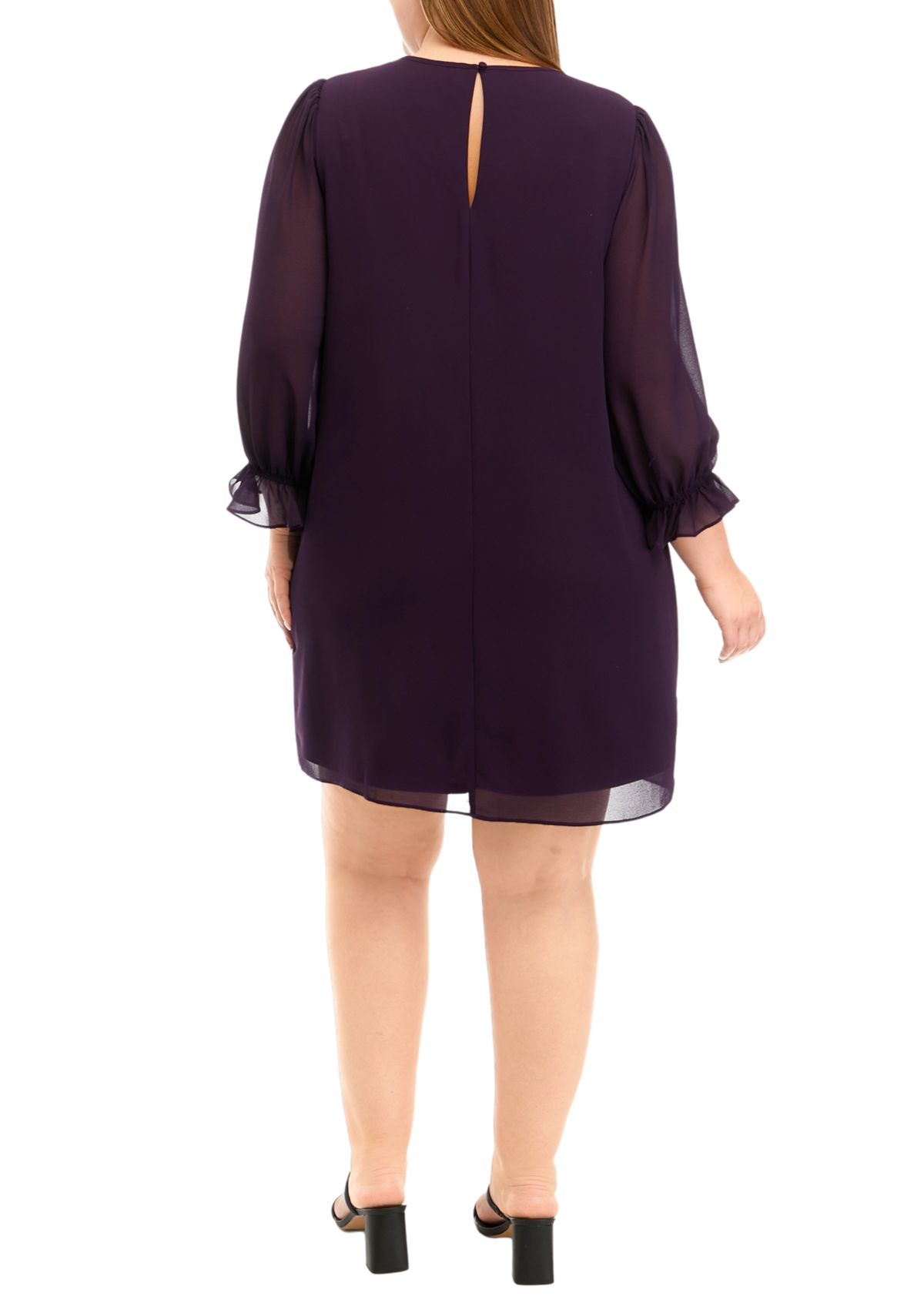 Plus Size Long Sleeve Solid Chiffon Shift Dress