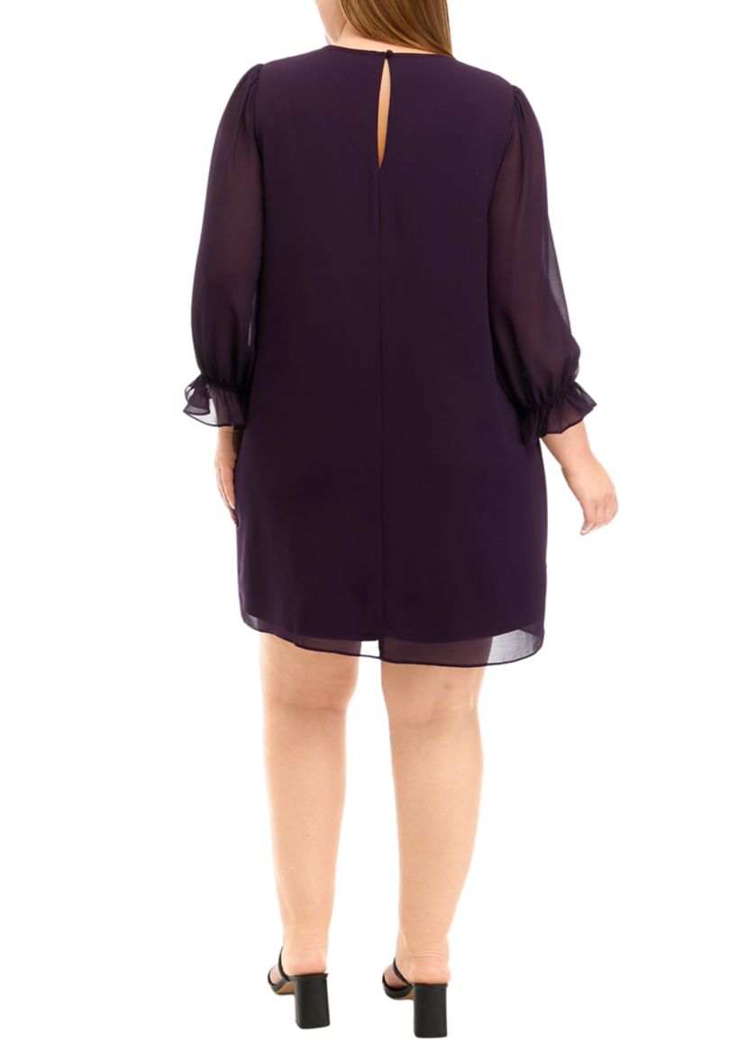 Plus Size Long Sleeve Solid Chiffon Shift Dress