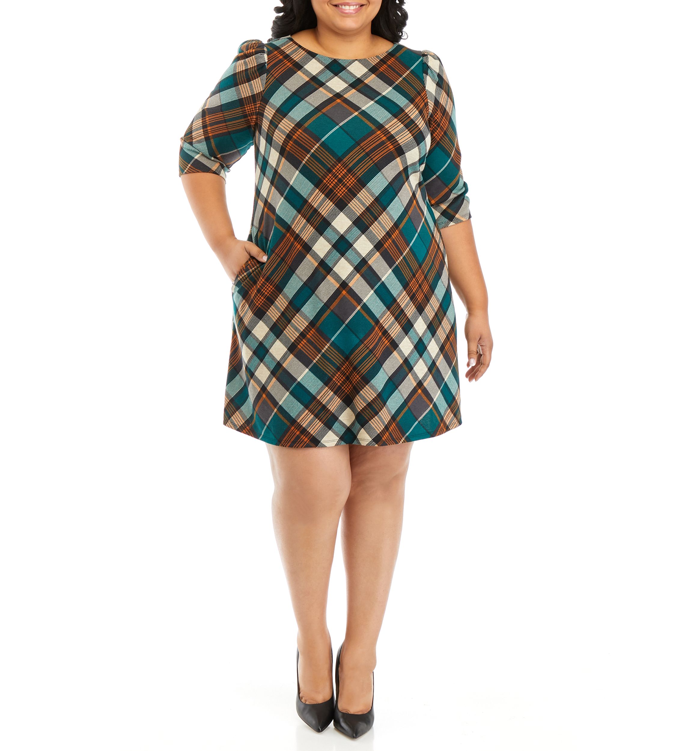 Plus Size Puff Sleeve Plaid A-Line Dress