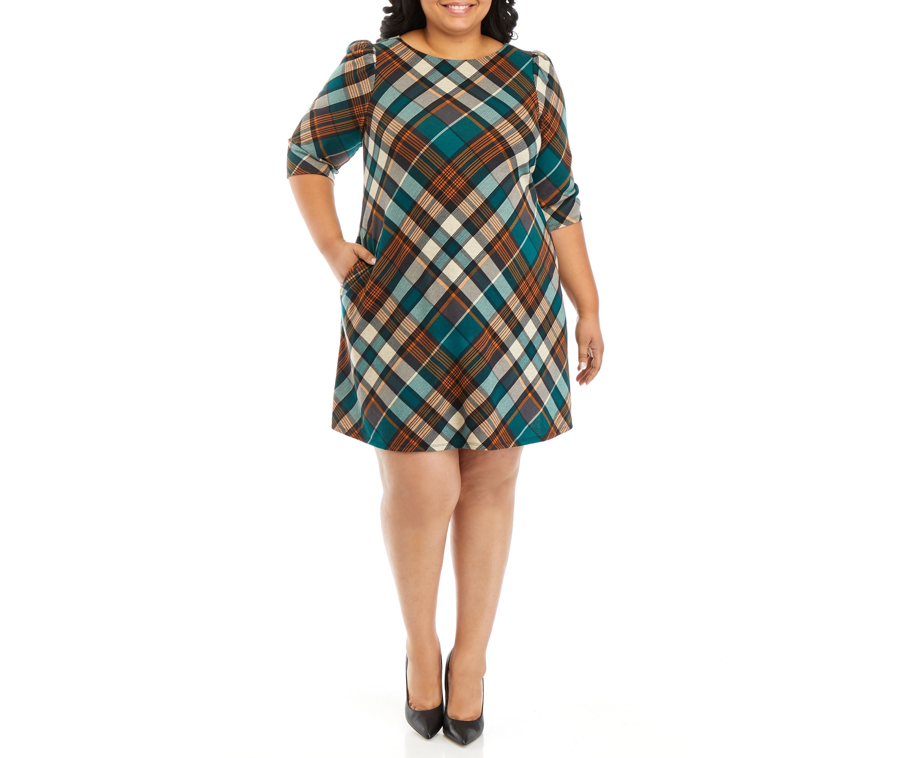 Plus Size Puff Sleeve Plaid A-Line Dress