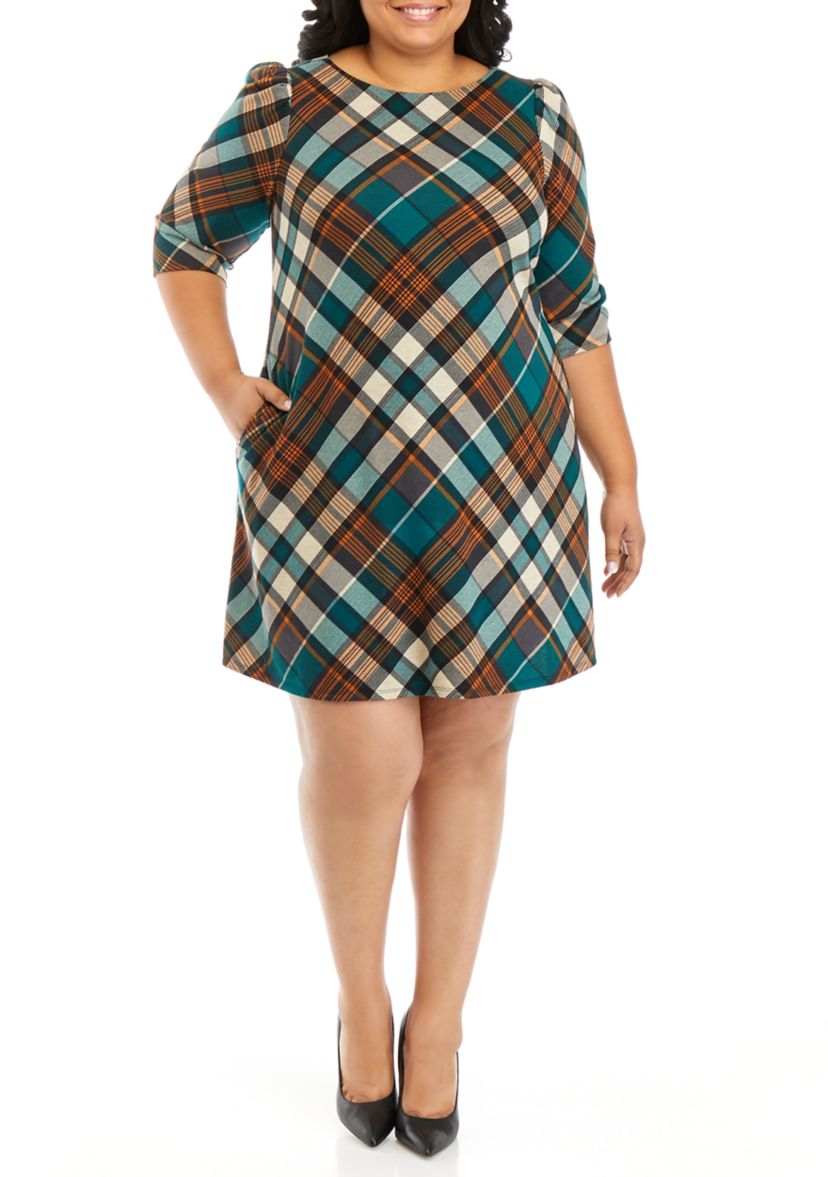 Plus Size Puff Sleeve Plaid A-Line Dress