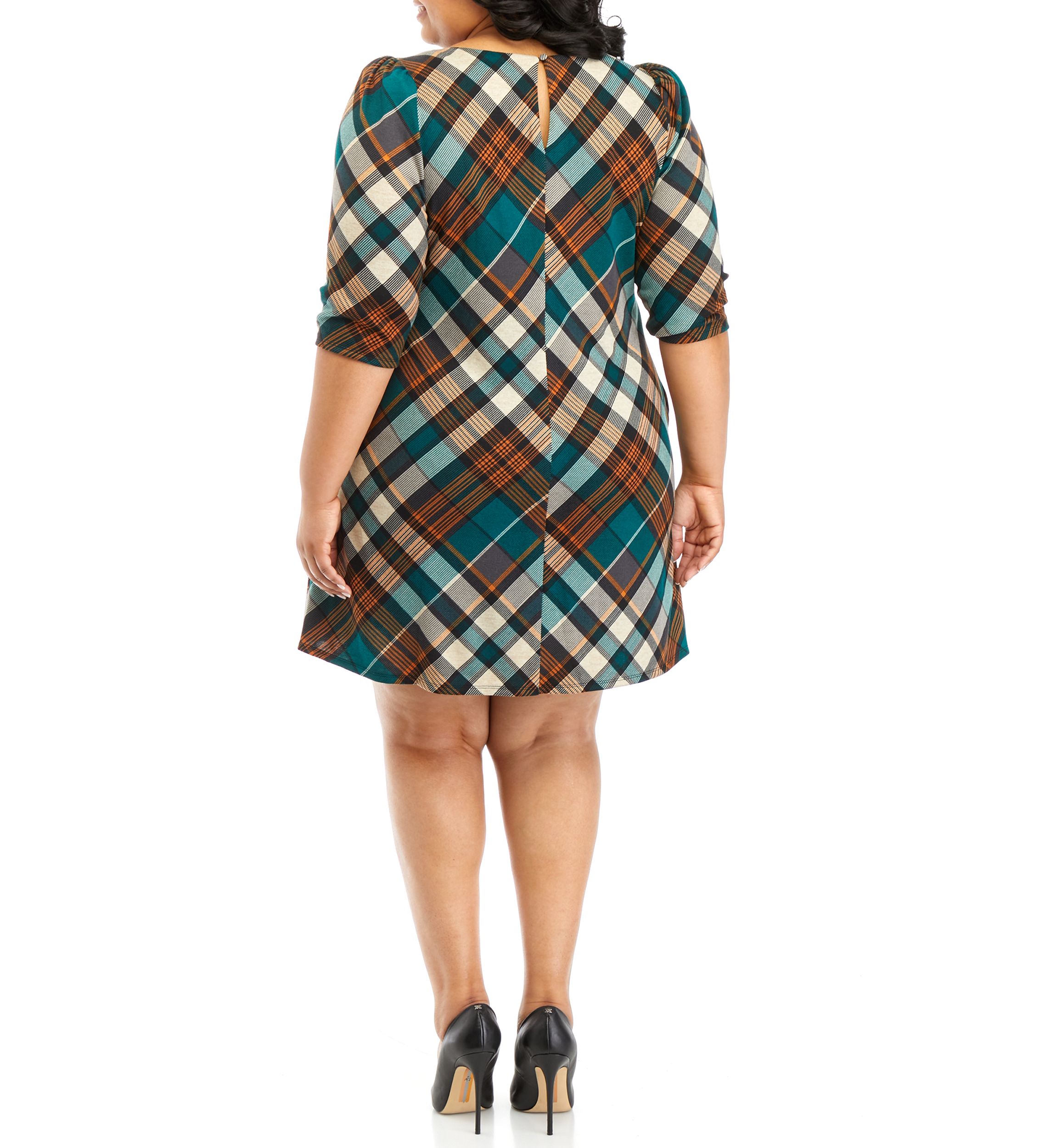 Plus Size Puff Sleeve Plaid A-Line Dress