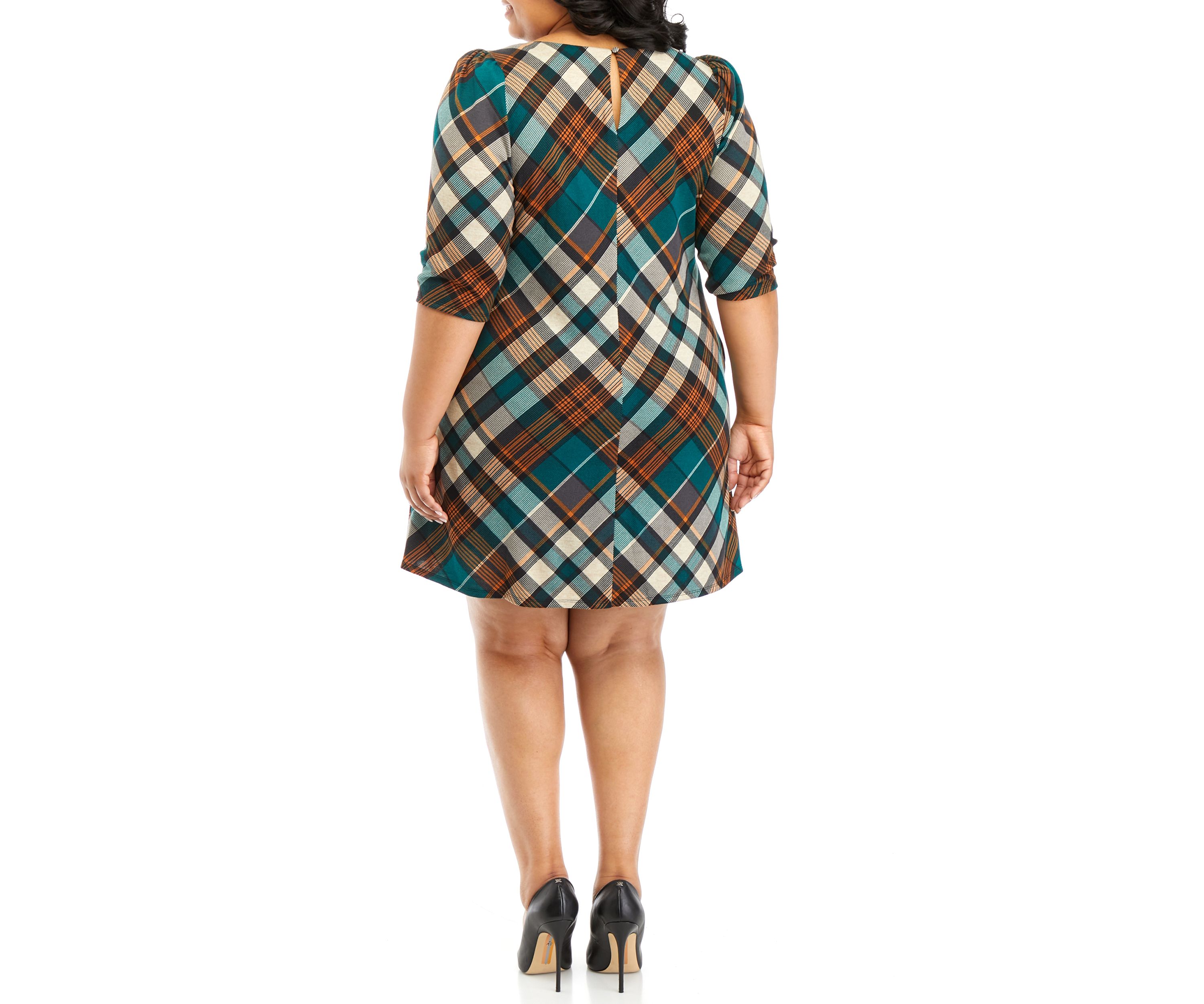 Plus Size Puff Sleeve Plaid A-Line Dress