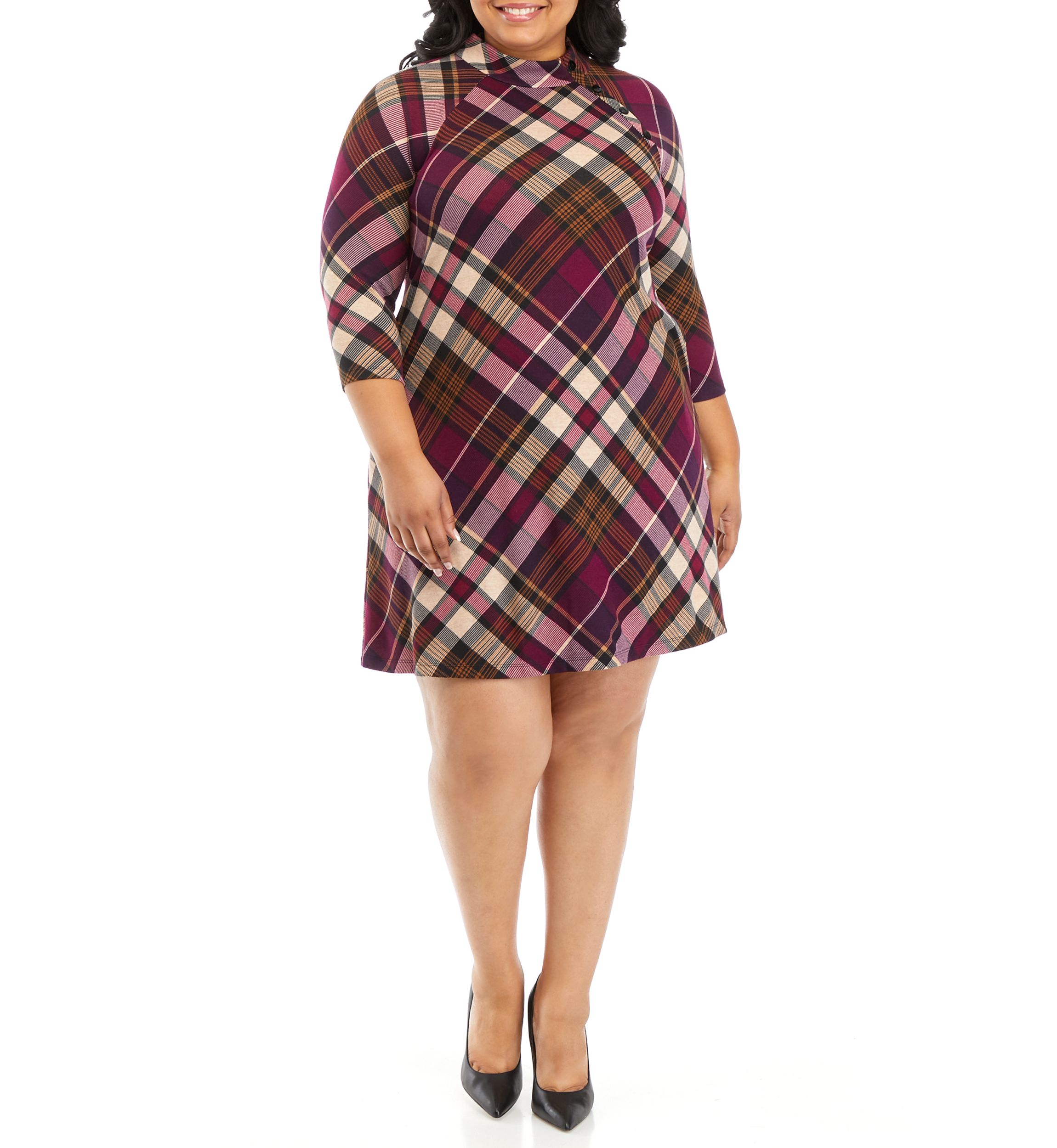Plus Size 3/4 Sleeve Mock Neck Plaid A-Line Dress