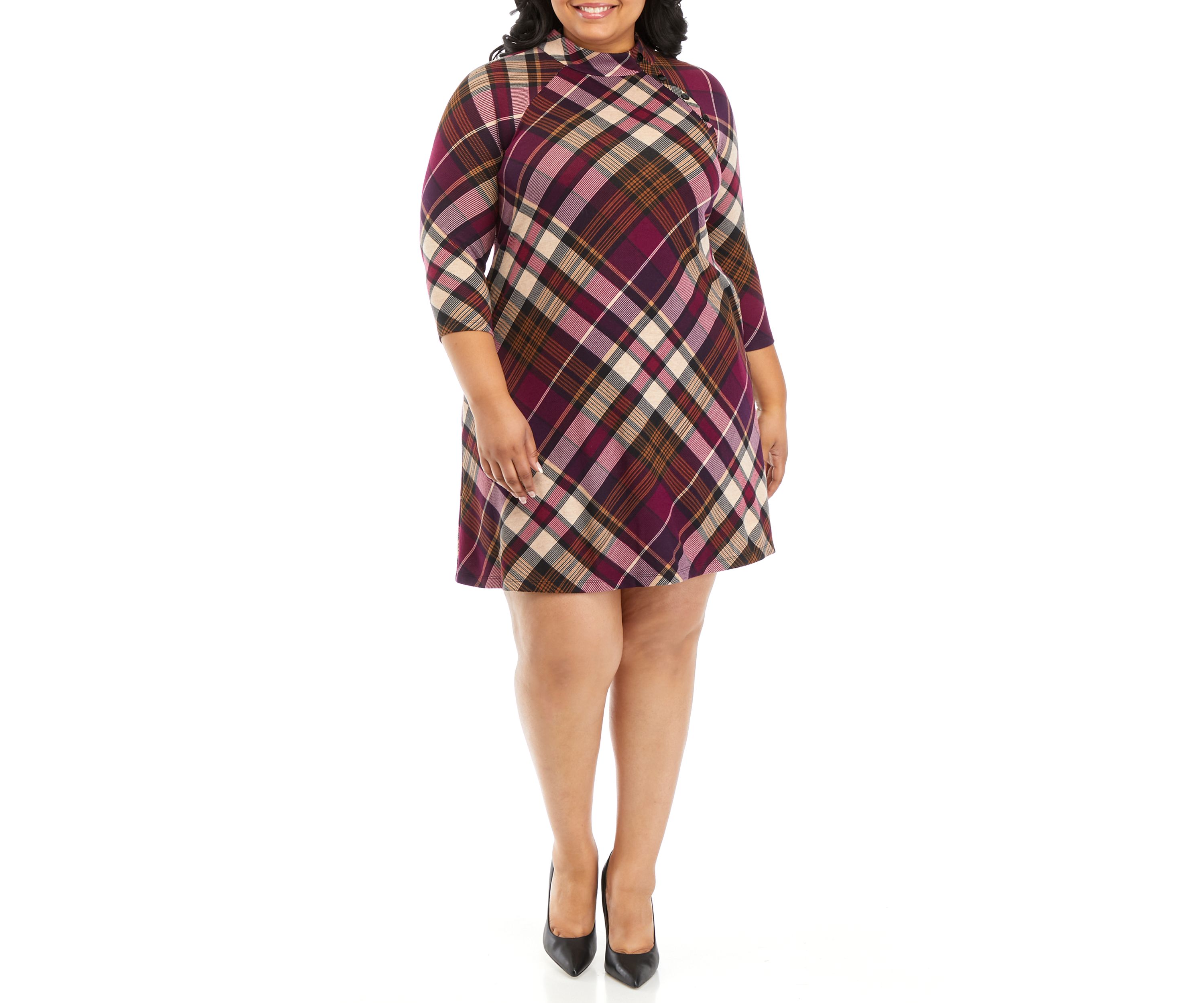 Plus Size 3/4 Sleeve Mock Neck Plaid A-Line Dress