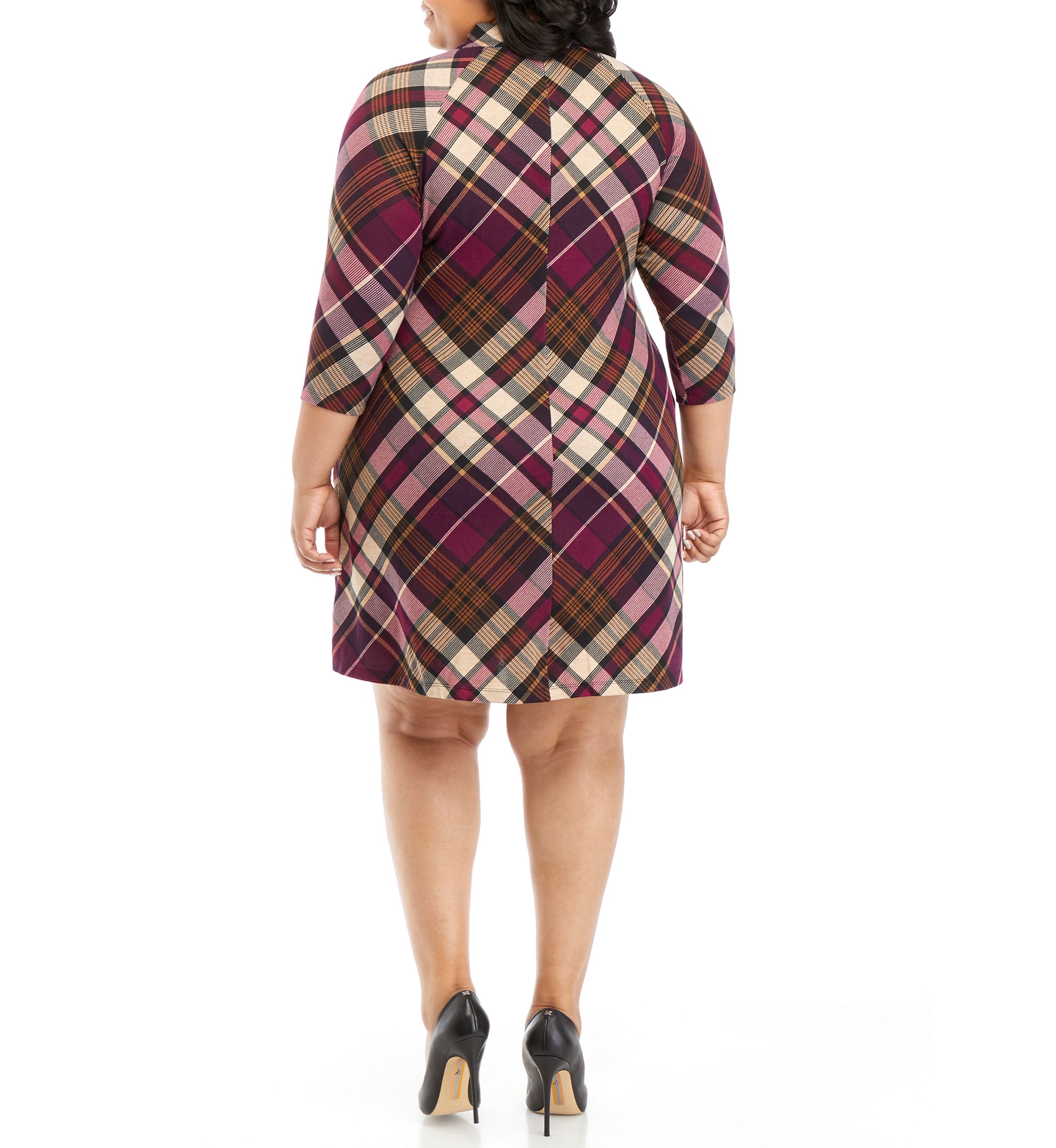 Plus Size 3/4 Sleeve Mock Neck Plaid A-Line Dress