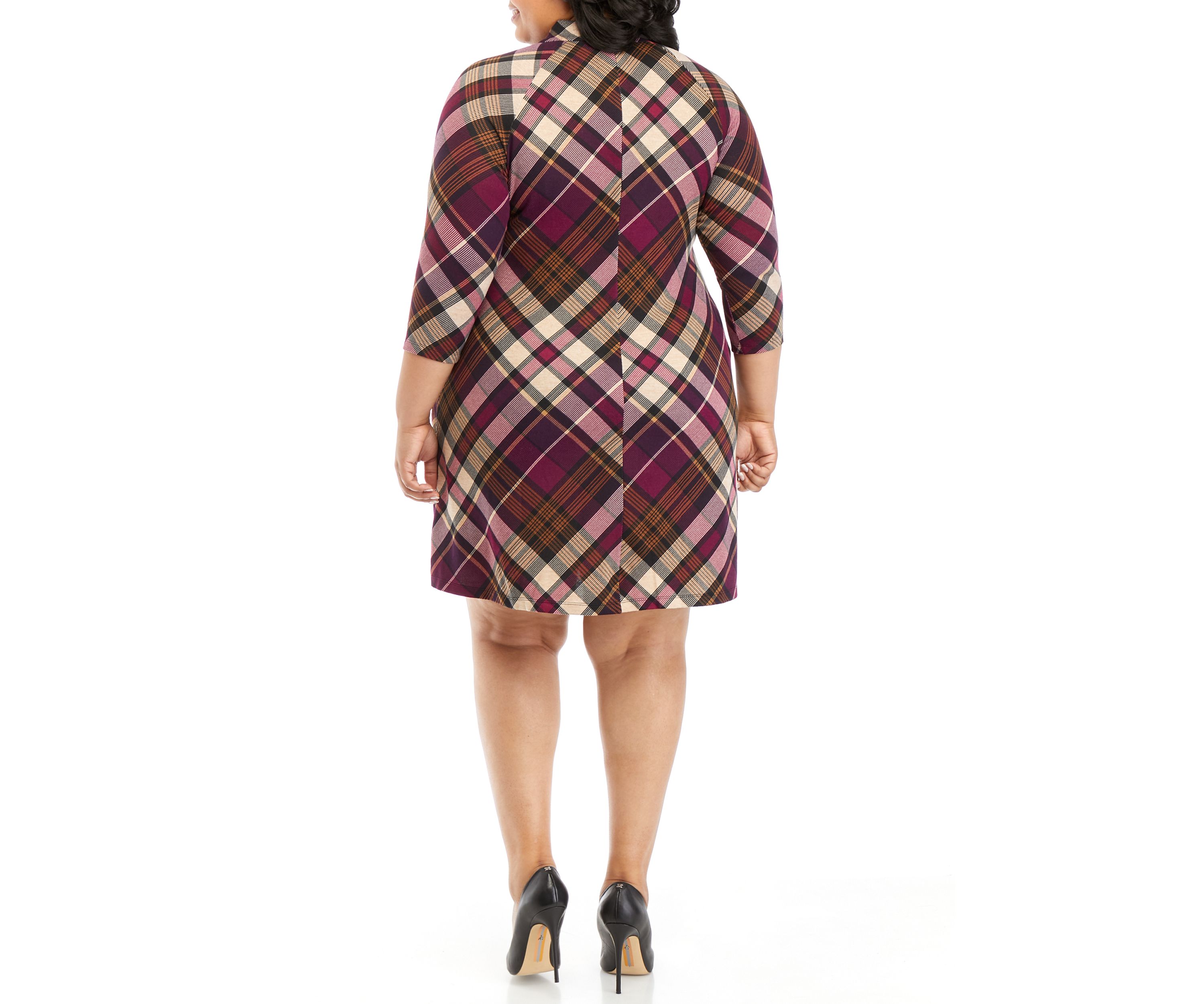Plus Size 3/4 Sleeve Mock Neck Plaid A-Line Dress