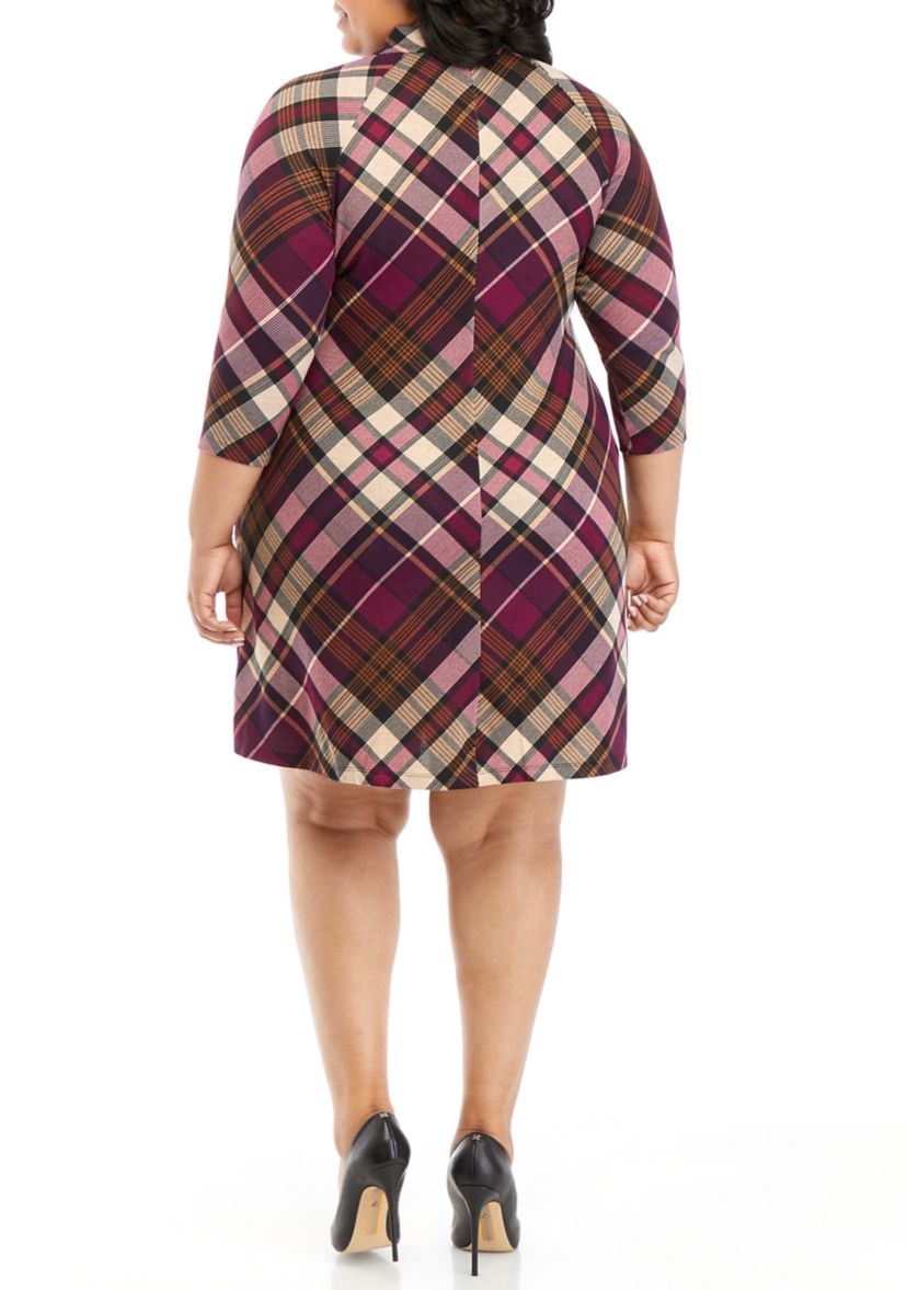 Plus Size 3/4 Sleeve Mock Neck Plaid A-Line Dress
