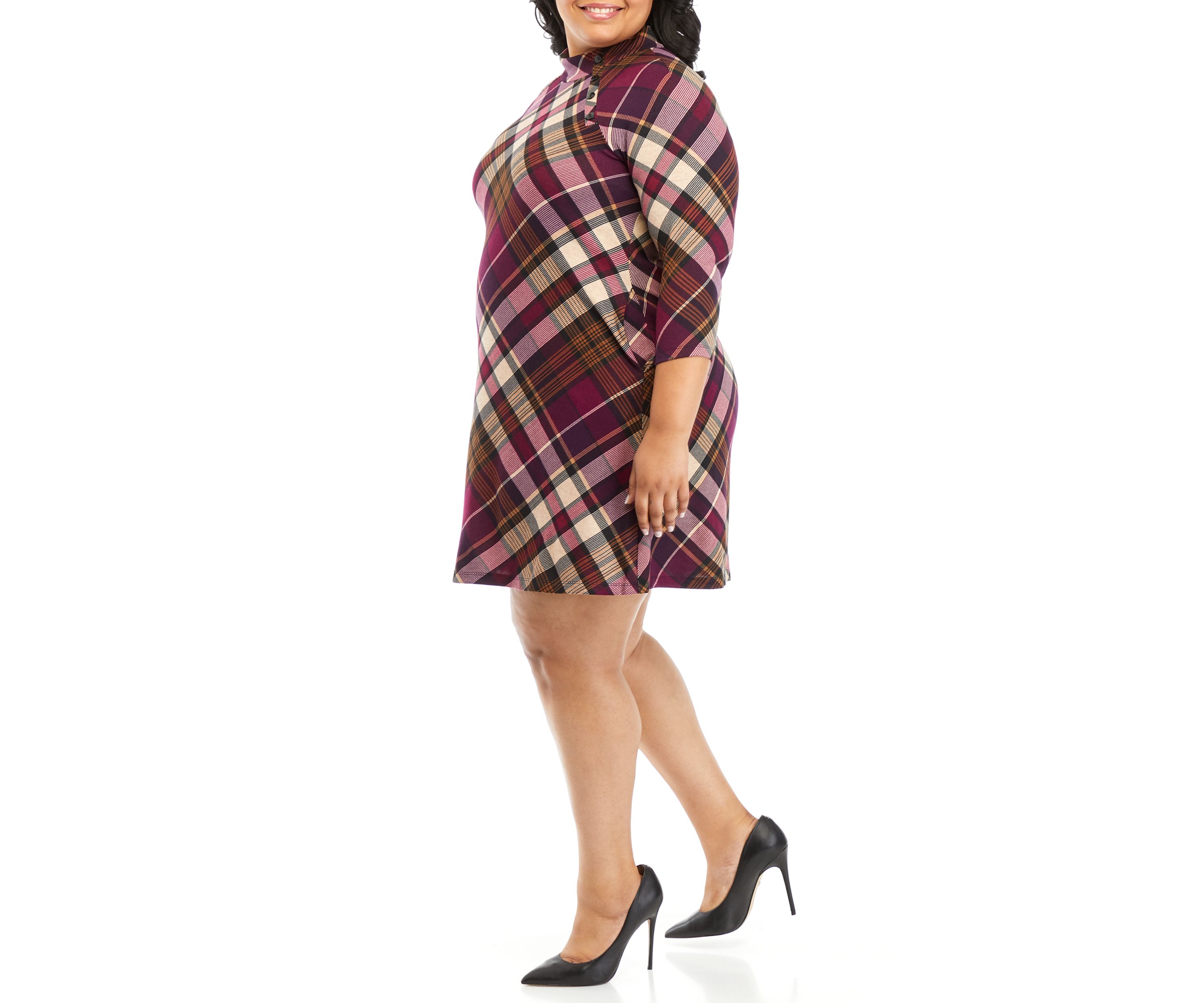 Plus Size 3/4 Sleeve Mock Neck Plaid A-Line Dress