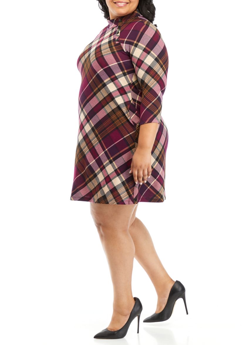 Plus Size 3/4 Sleeve Mock Neck Plaid A-Line Dress