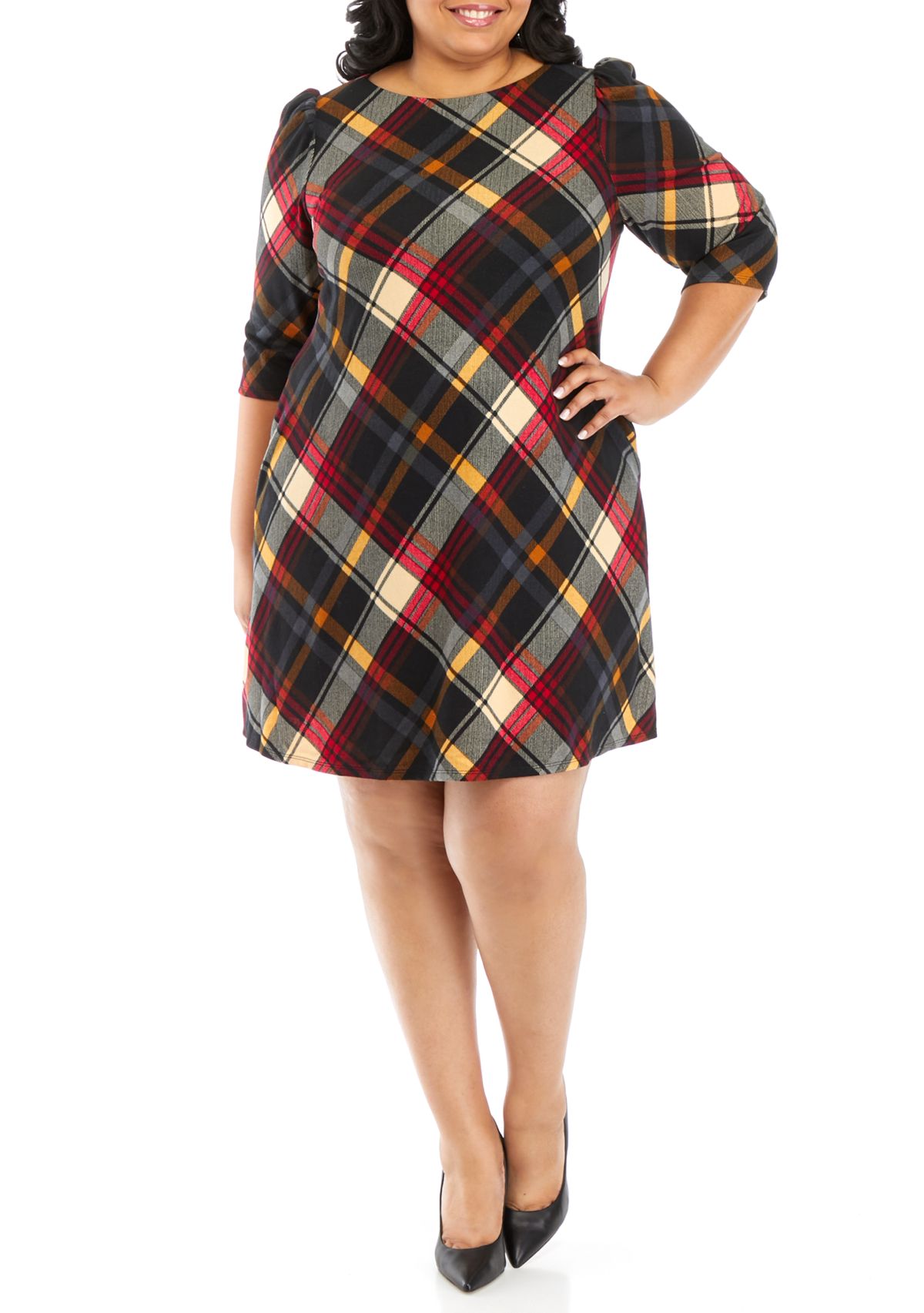 Plus Size Puff Sleeve Plaid A-Line Dress