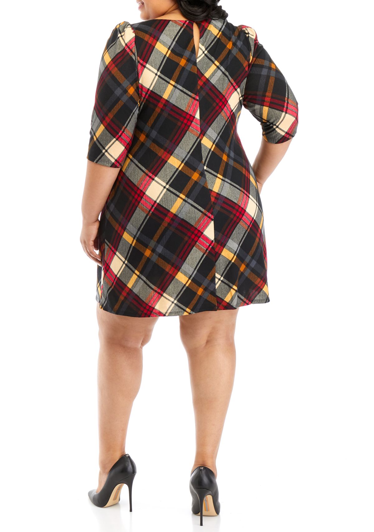 Plus Size Puff Sleeve Plaid A-Line Dress