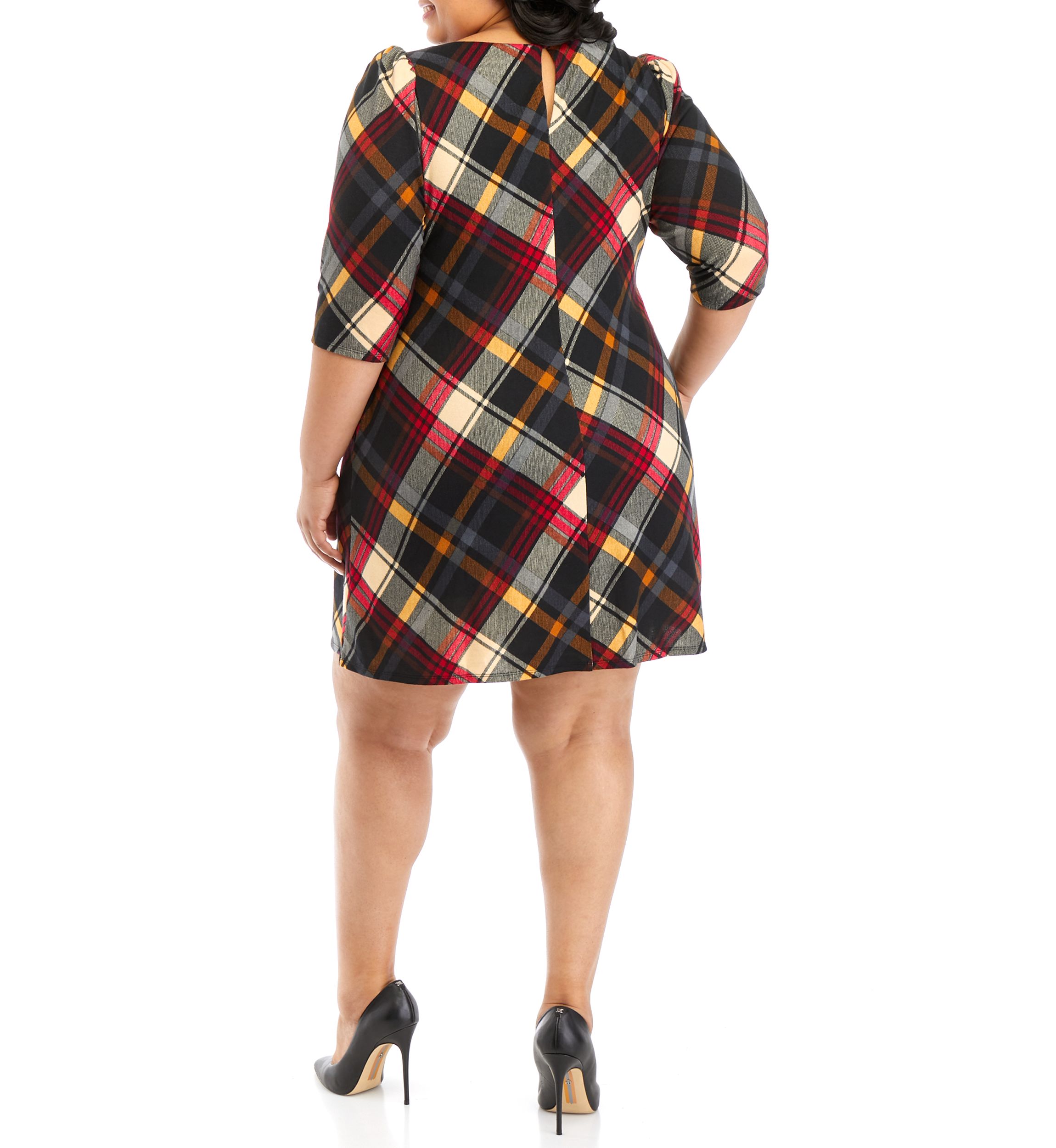 Plus Size Puff Sleeve Plaid A-Line Dress