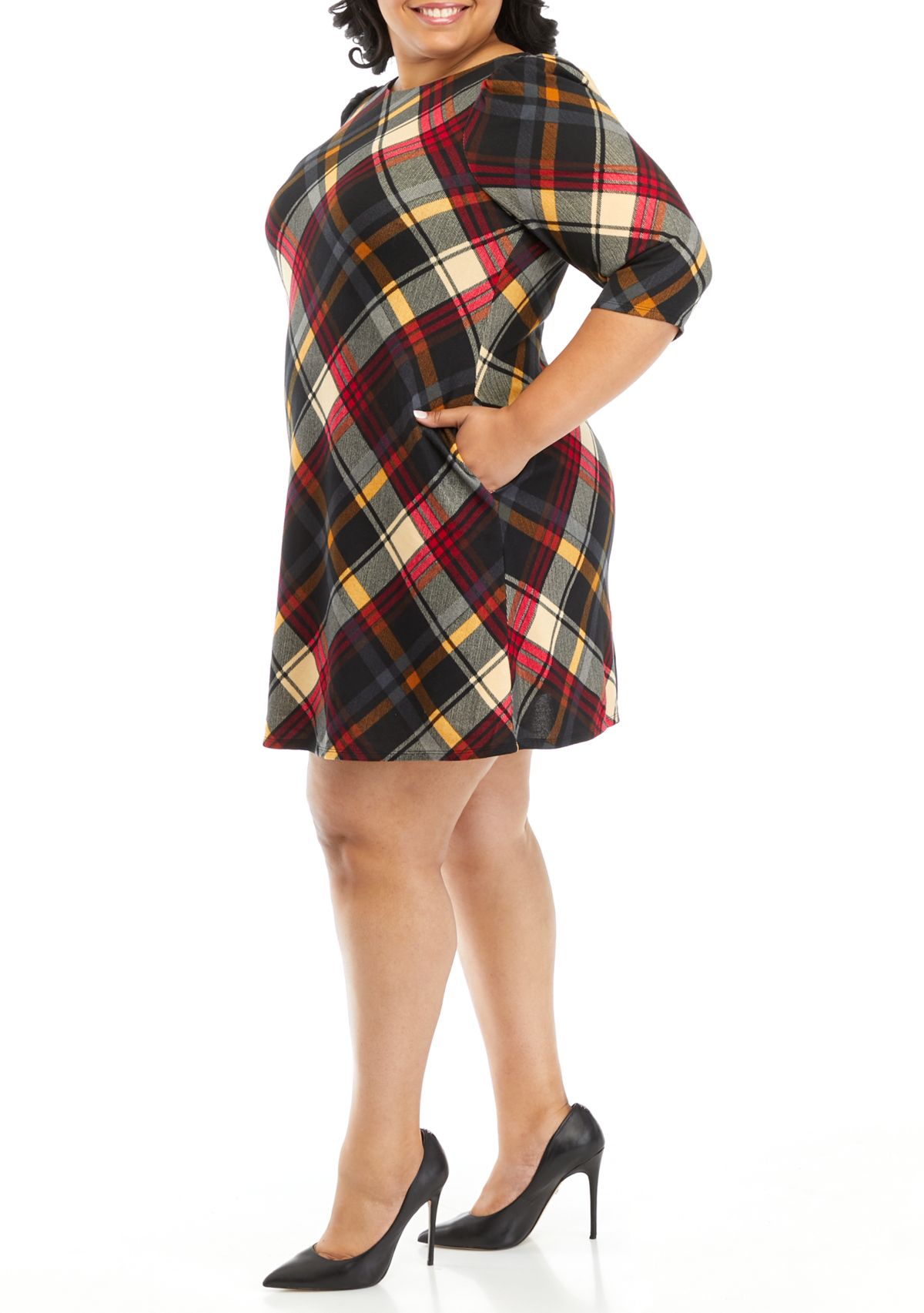 Plus Size Puff Sleeve Plaid A-Line Dress