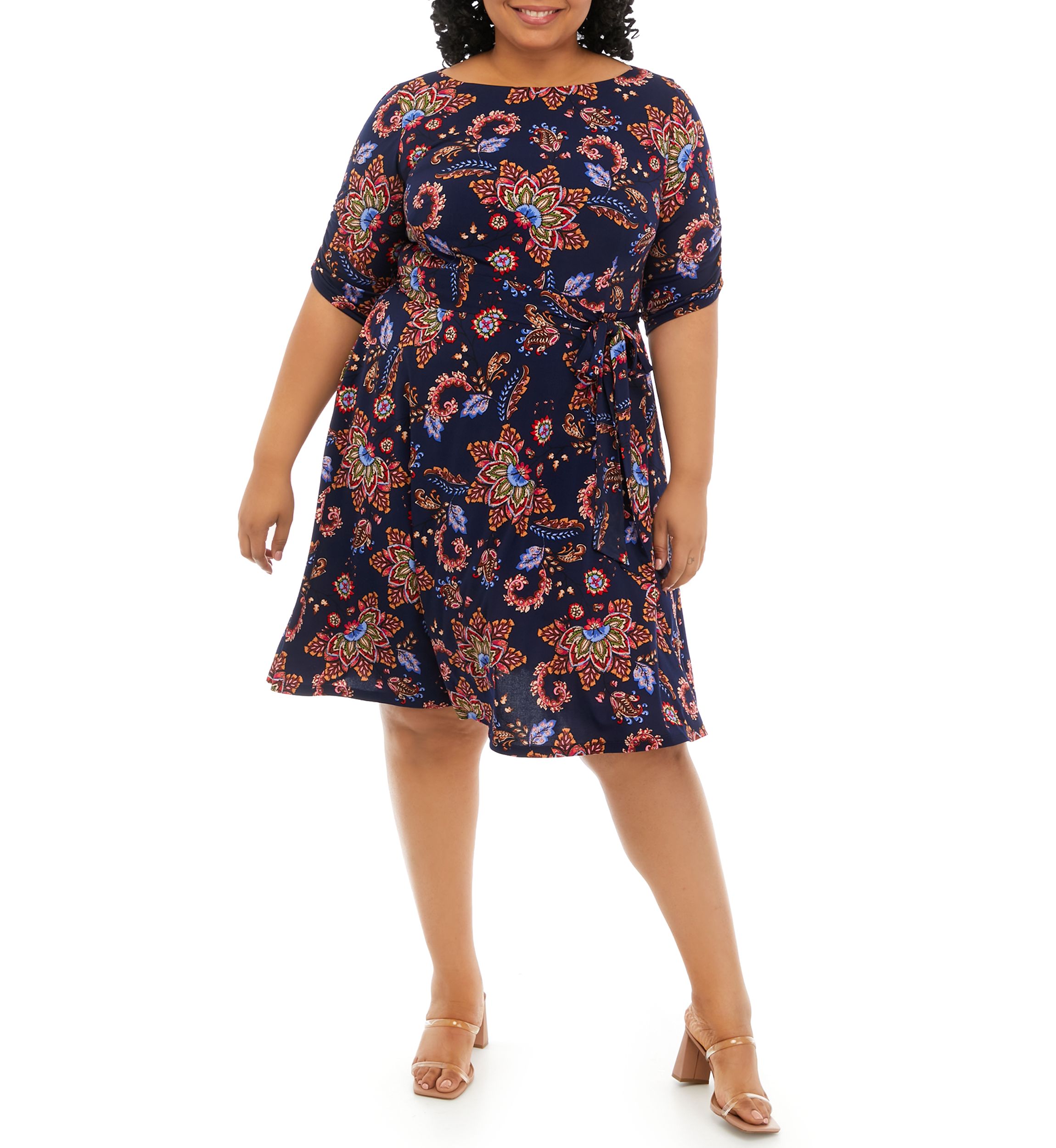 Plus Size Elbow Sleeve Printed Tie Waist Dress