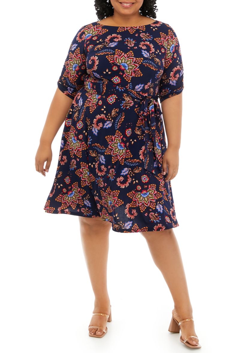 Plus Size Elbow Sleeve Printed Tie Waist Dress