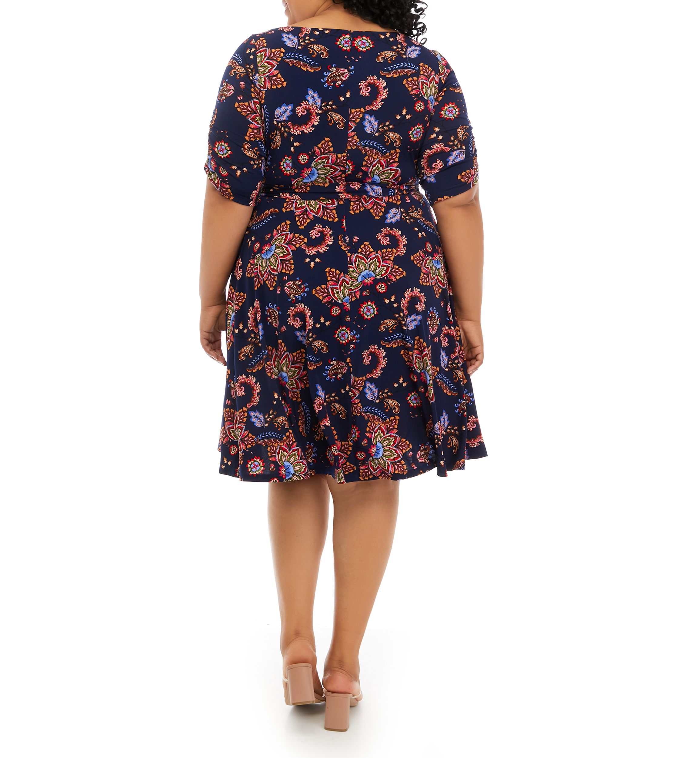 Plus Size Elbow Sleeve Printed Tie Waist Dress
