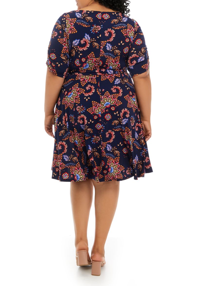 Plus Size Elbow Sleeve Printed Tie Waist Dress
