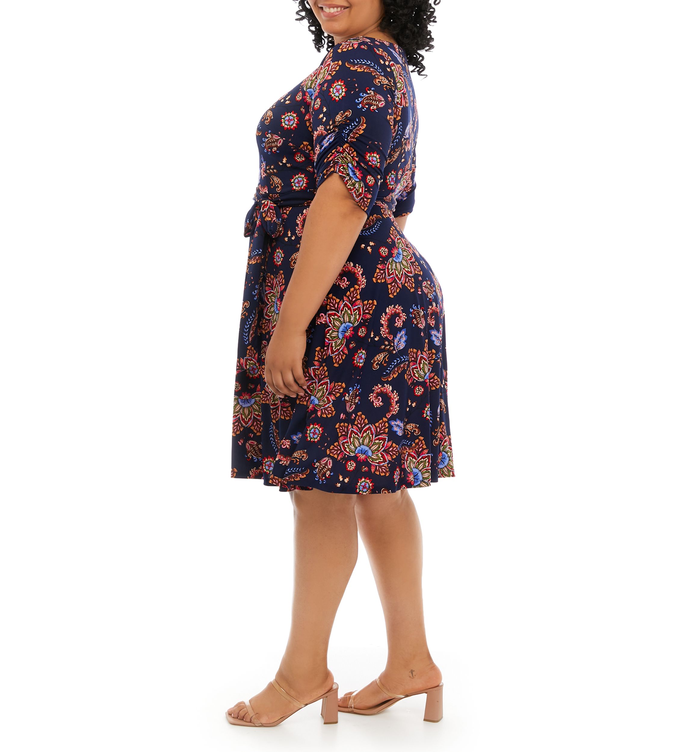 Plus Size Elbow Sleeve Printed Tie Waist Dress