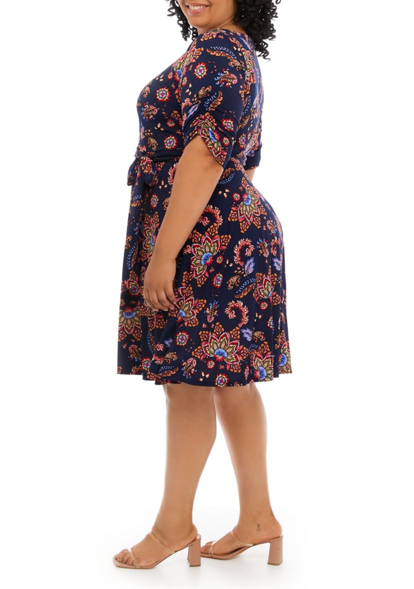 Plus Size Elbow Sleeve Printed Tie Waist Dress
