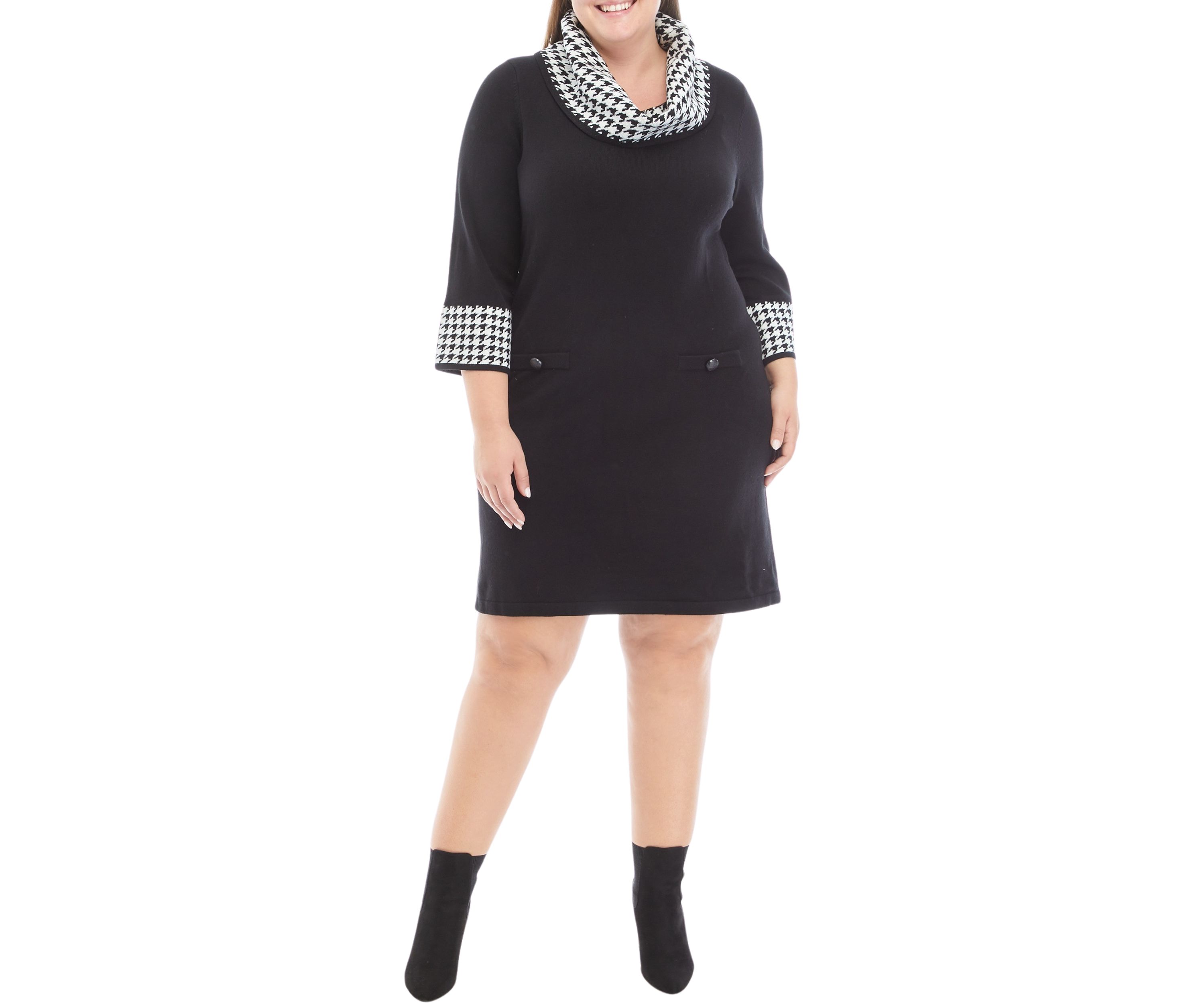 Plus Size Long Sleeve Houndstooth Cowl Neck Sweater Dress