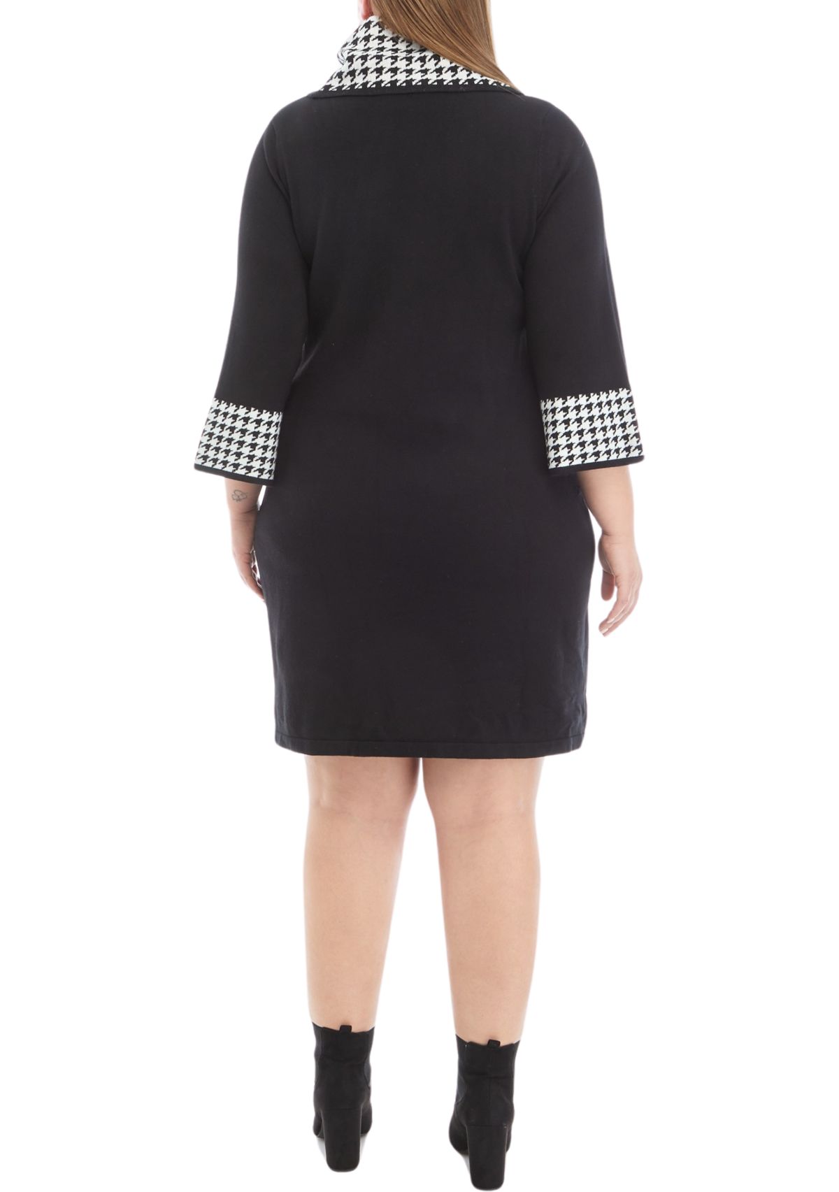 Plus Size Long Sleeve Houndstooth Cowl Neck Sweater Dress