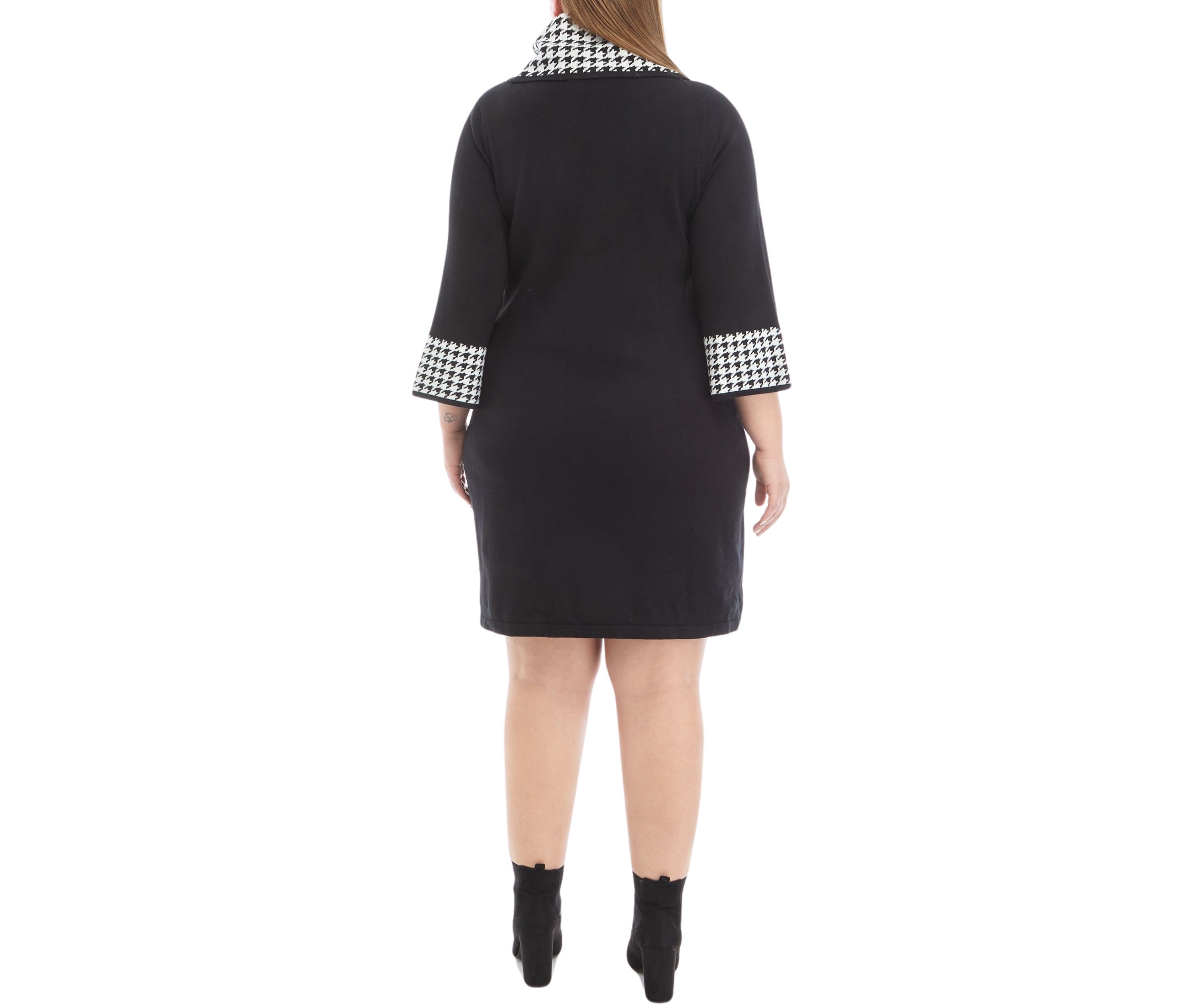 Plus Size Long Sleeve Houndstooth Cowl Neck Sweater Dress