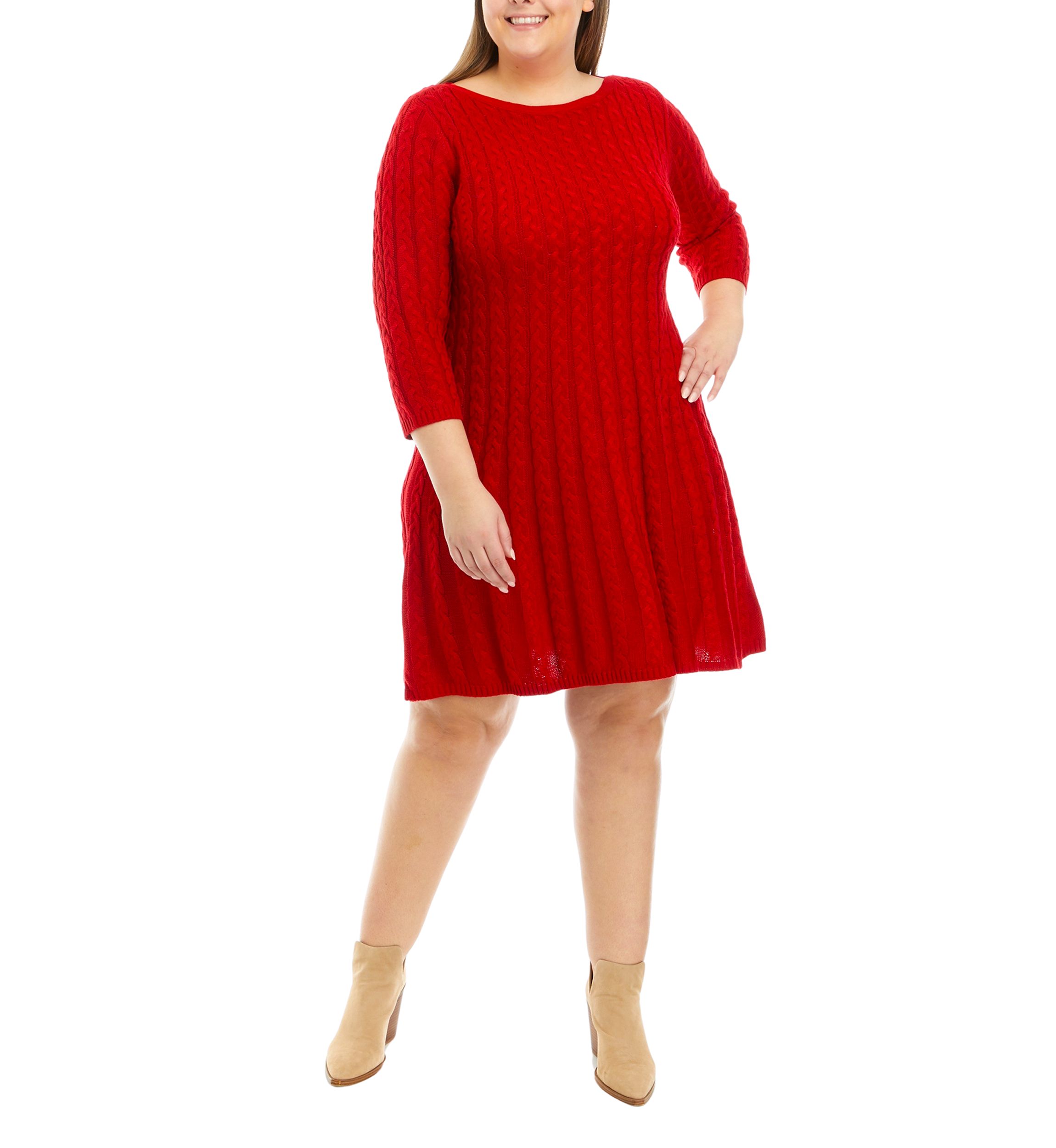 Plus Size 3/4 Sleeve Solid Cable Fit and Flare Sweater Dress